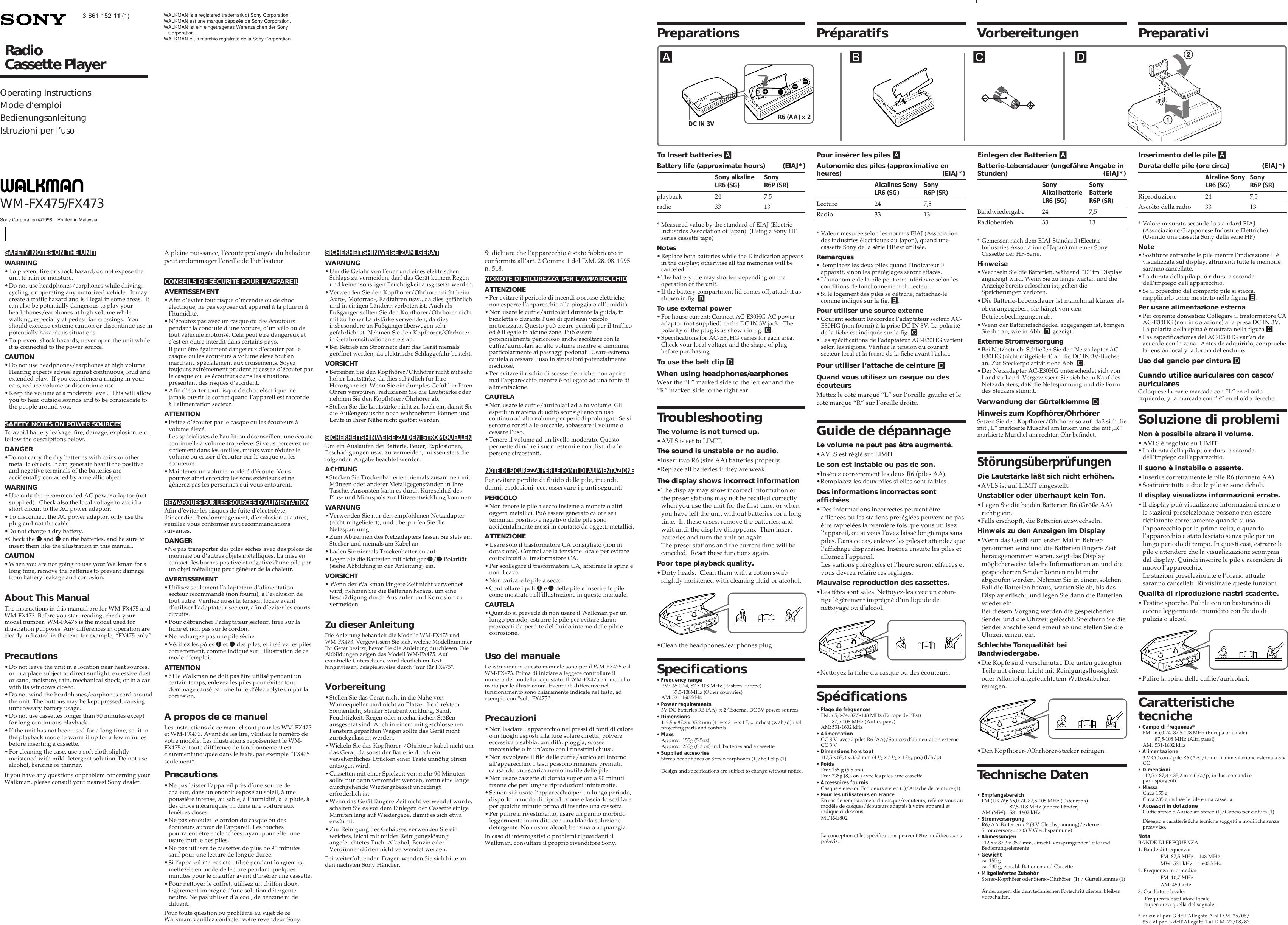 Page 1 of 2 - Sony Sony-Walkman-Wm-Fx473-Users-Manual- WM-FX475/FX473  Sony-walkman-wm-fx473-users-manual