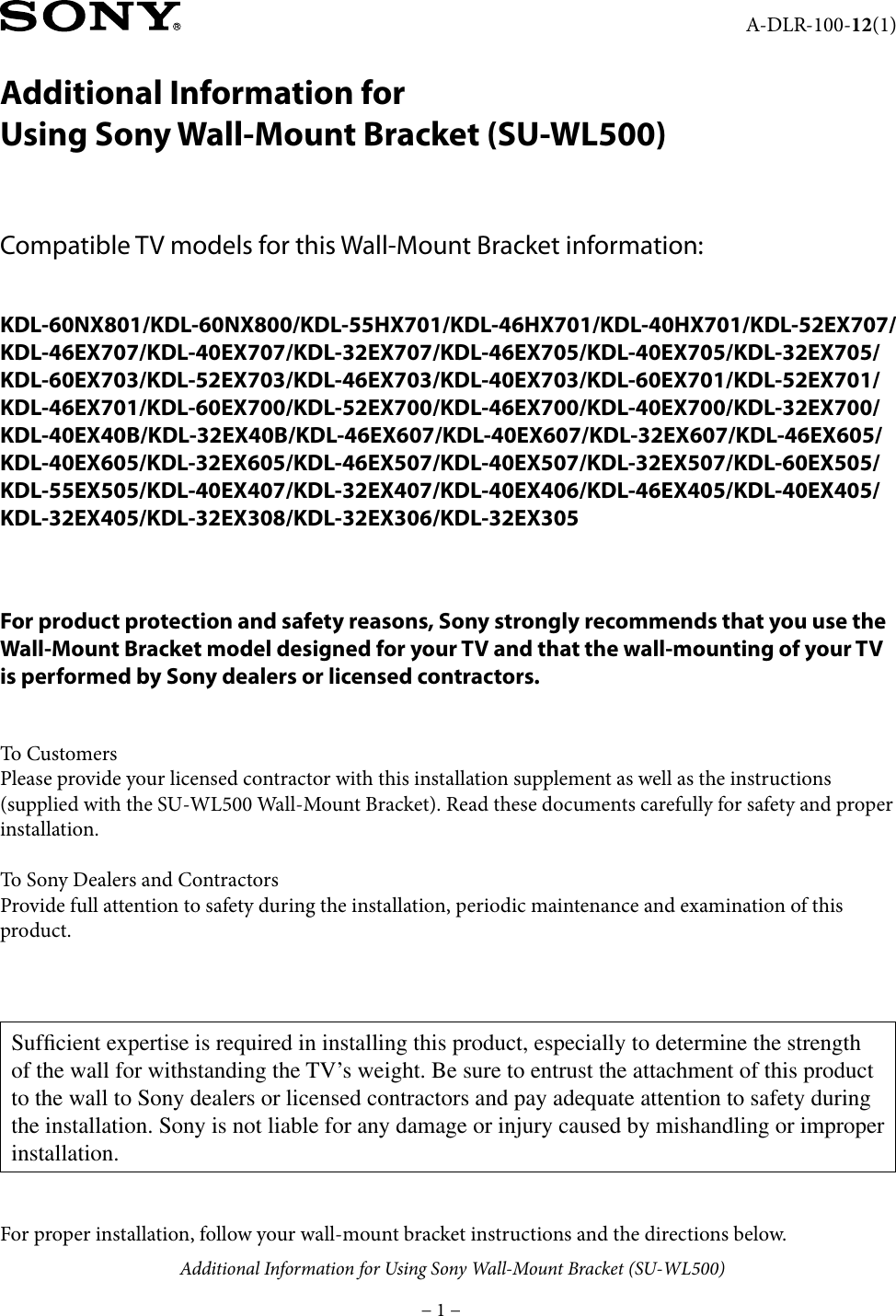 Page 1 of 8 - Sony Sony-Wall-Mount-Bracket-Su-Wl500-Users-Manual- SU-WL500  Sony-wall-mount-bracket-su-wl500-users-manual