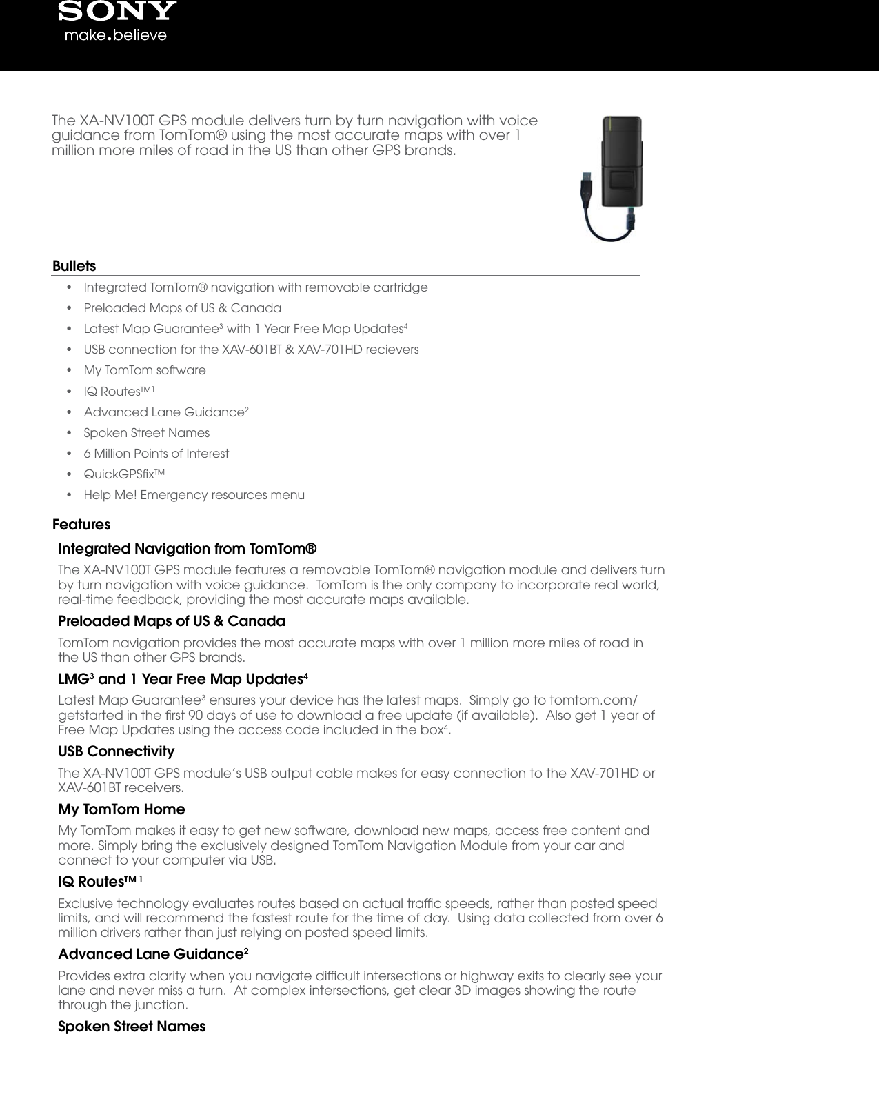 Page 1 of 2 - Sony Sony-Xa-Nv100T-Marketing-Specifications-  Sony-xa-nv100t-marketing-specifications
