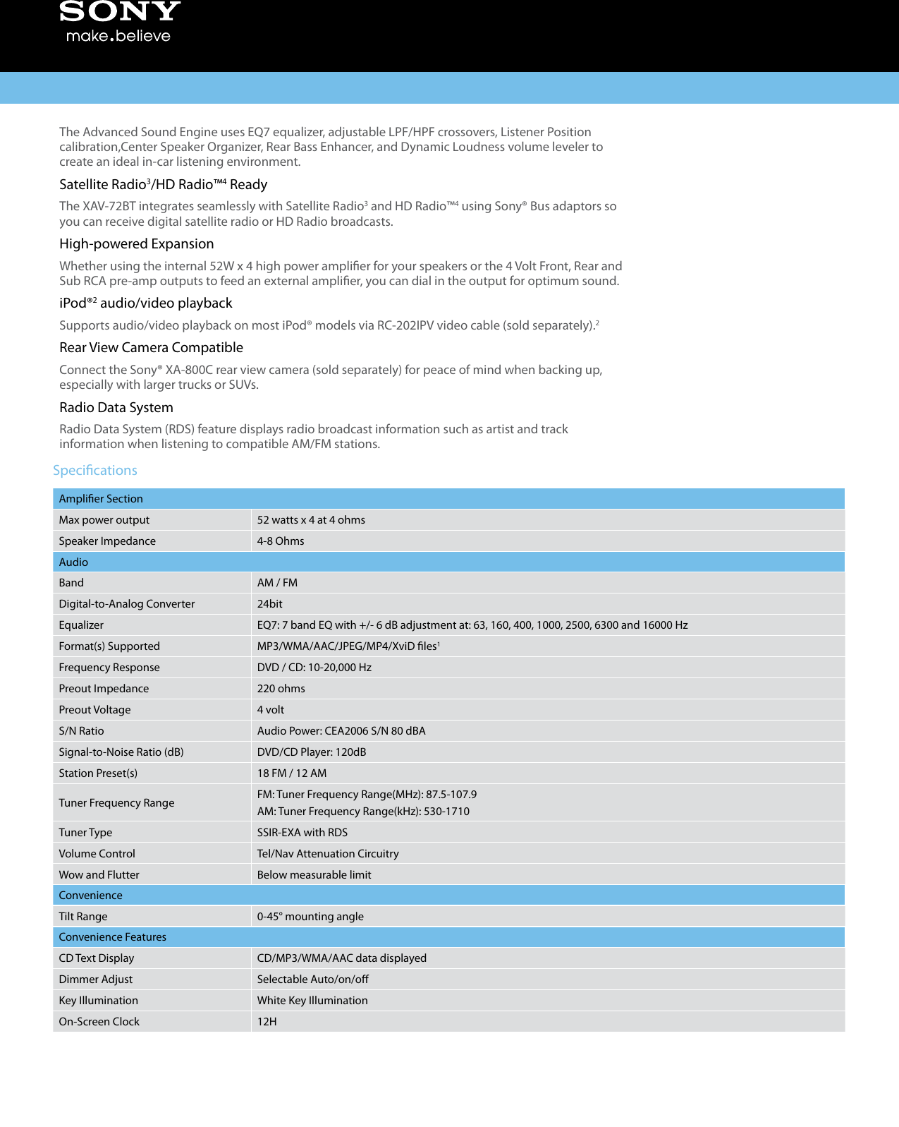 Sony Xav 72Bt Marketing Specifications