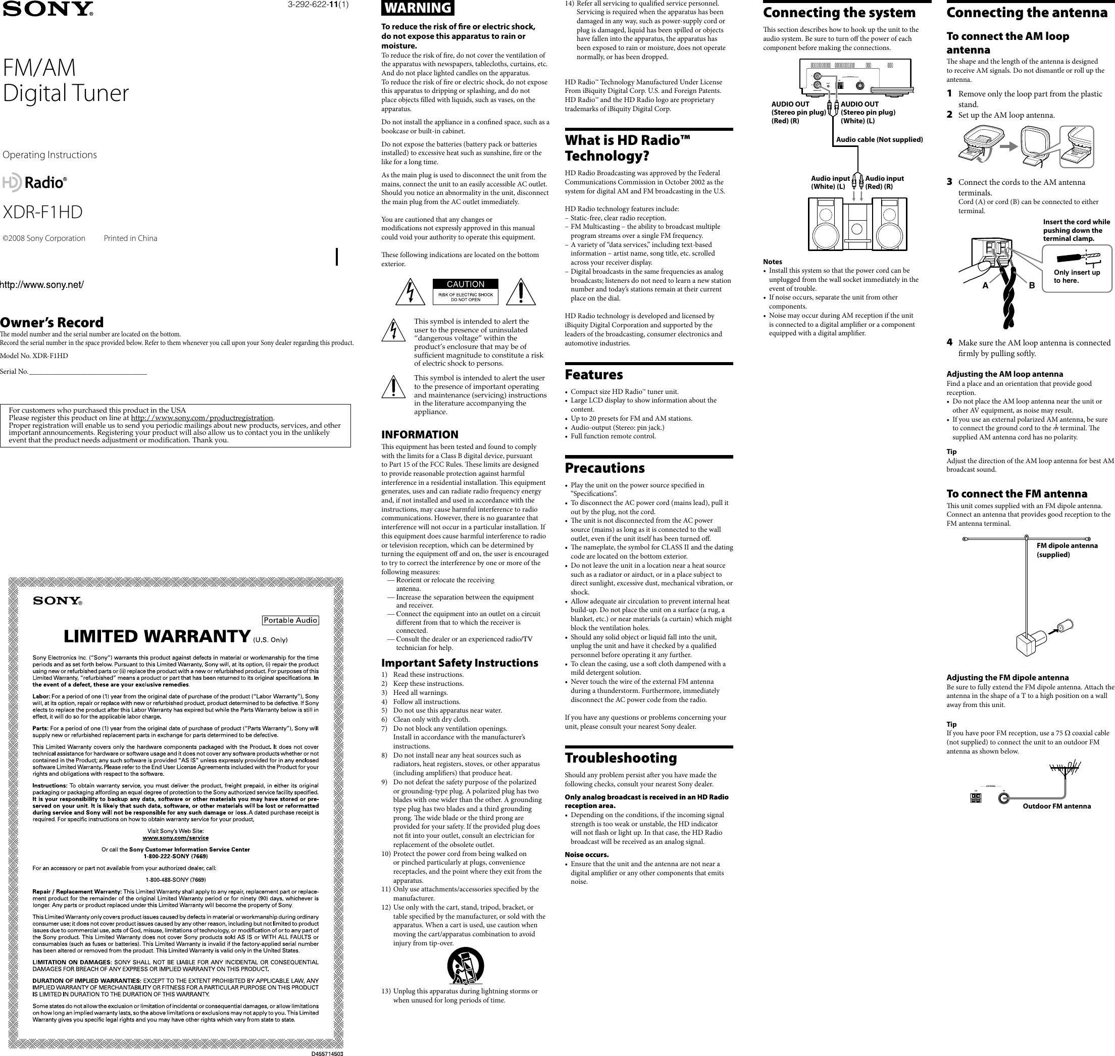 Page 1 of 2 - Sony Sony-Xdr-F1Hd-Users-Manual- XDR-F1HD  Sony-xdr-f1hd-users-manual