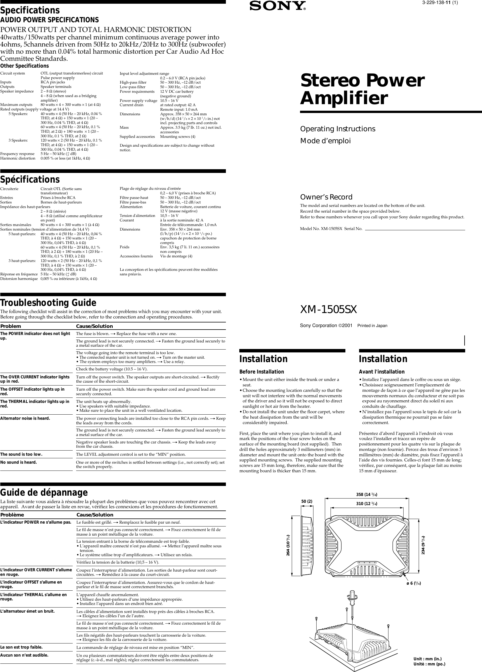 Page 1 of 4 - Sony Sony-Xm-1505Sx-Operating-Instructions- XM-1505SX  Sony-xm-1505sx-operating-instructions