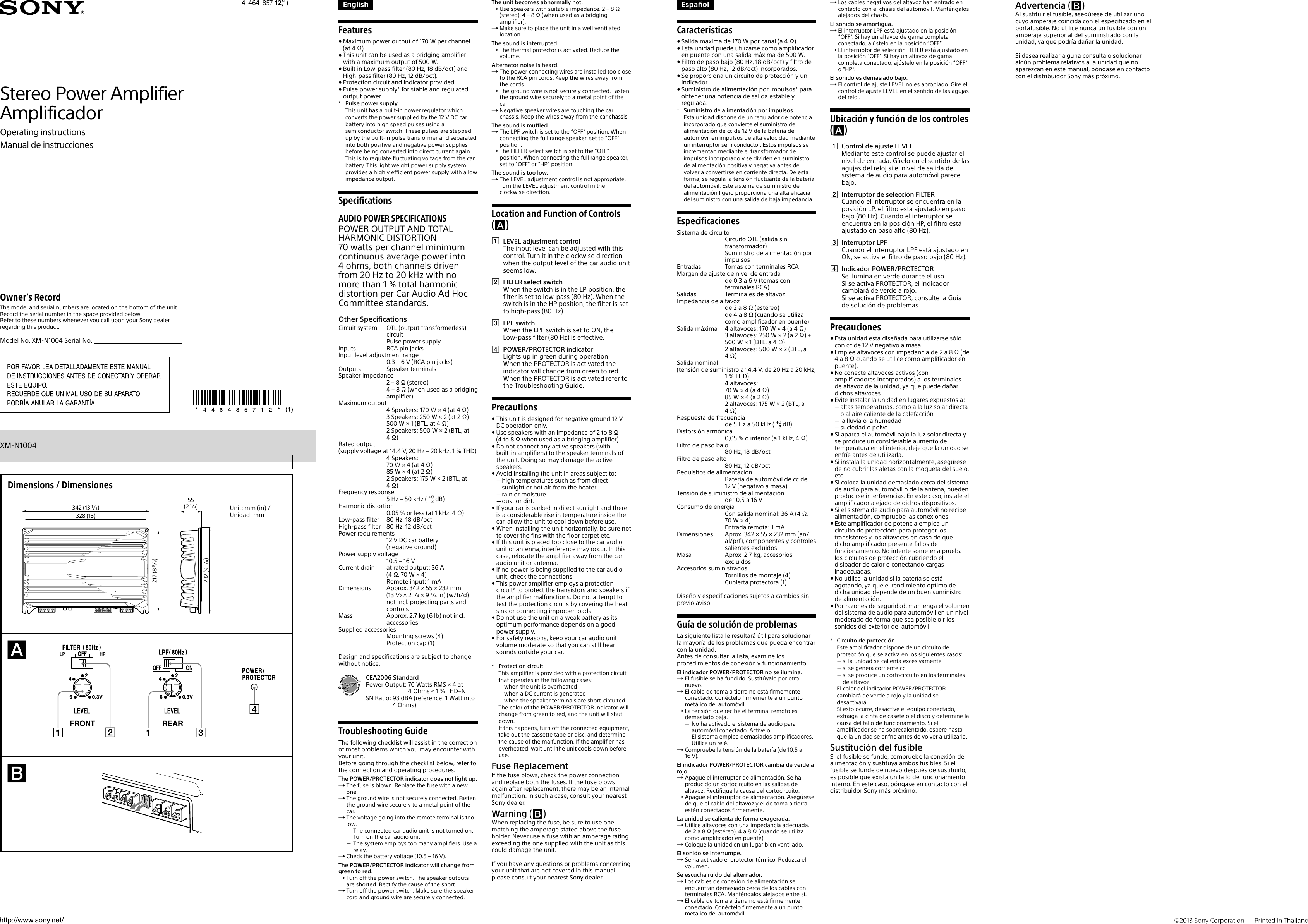 Page 1 of 2 - Sony Sony-Xm-N1004-Operating-Instructions-  Sony-xm-n1004-operating-instructions