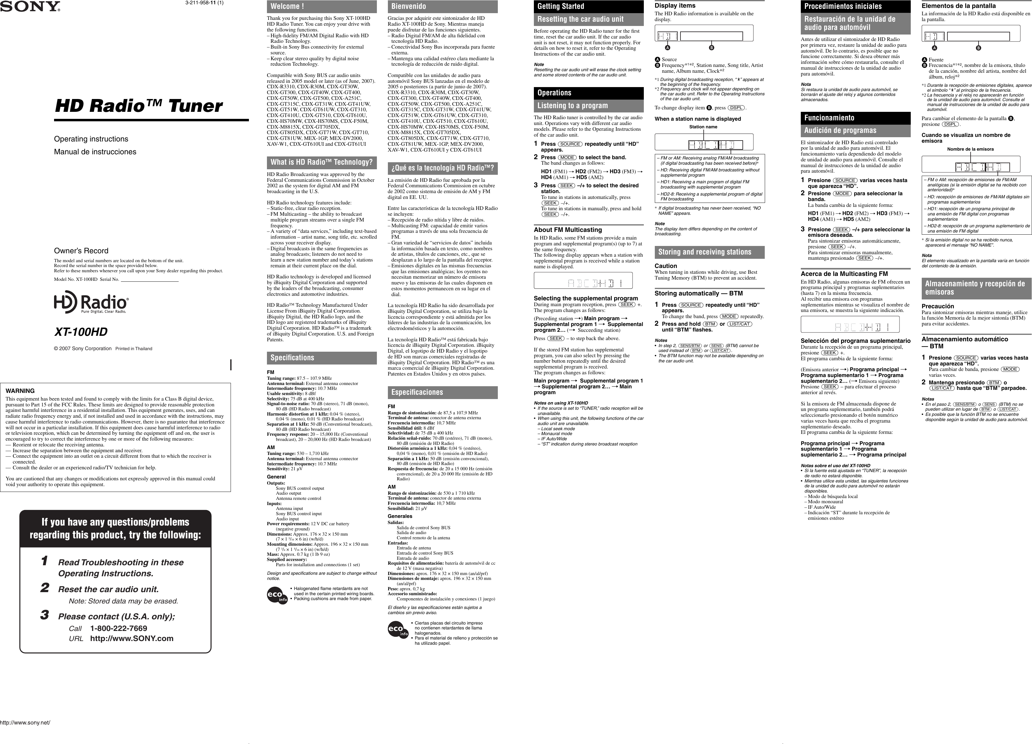 Page 1 of 2 - Sony Sony-Xt-100Hd-Users-Manual- XT-100HD  Sony-xt-100hd-users-manual