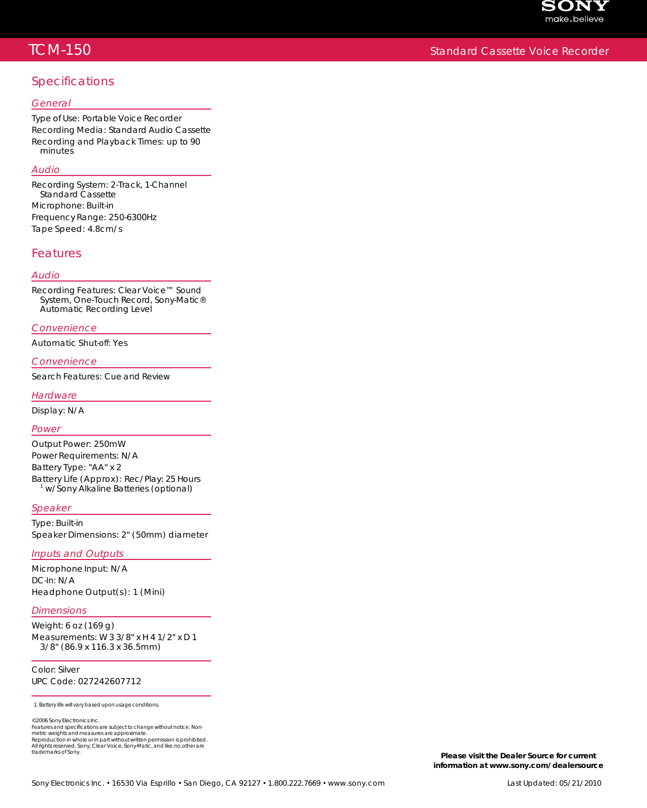 Page 2 of 2 - Sony TCM-150 User Manual Marketing Specifications TCM150 Mksp