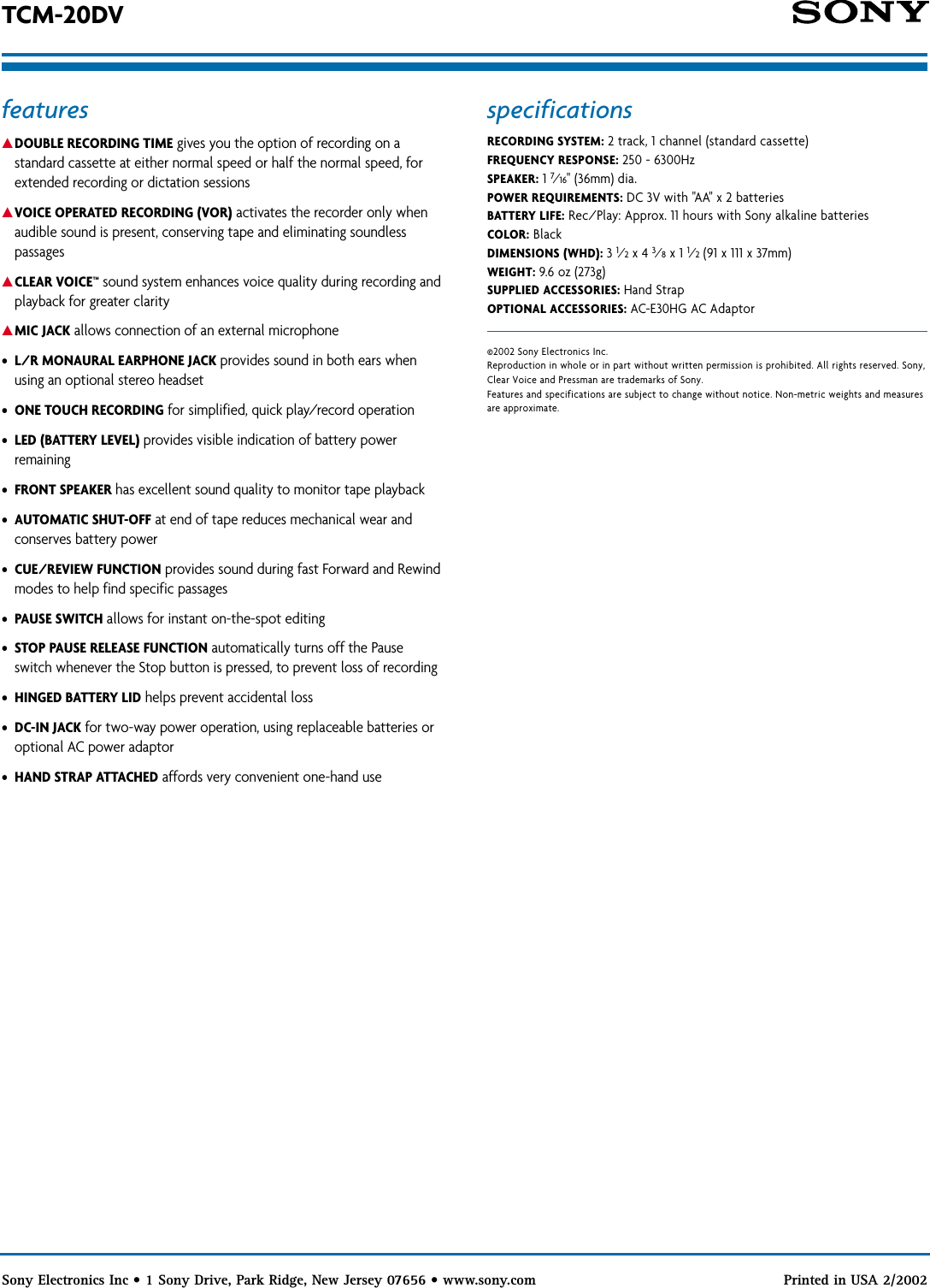Page 2 of 2 - Sony TCM-20DV SON 907; User Manual Marketing Specifications TCM20DV Sp