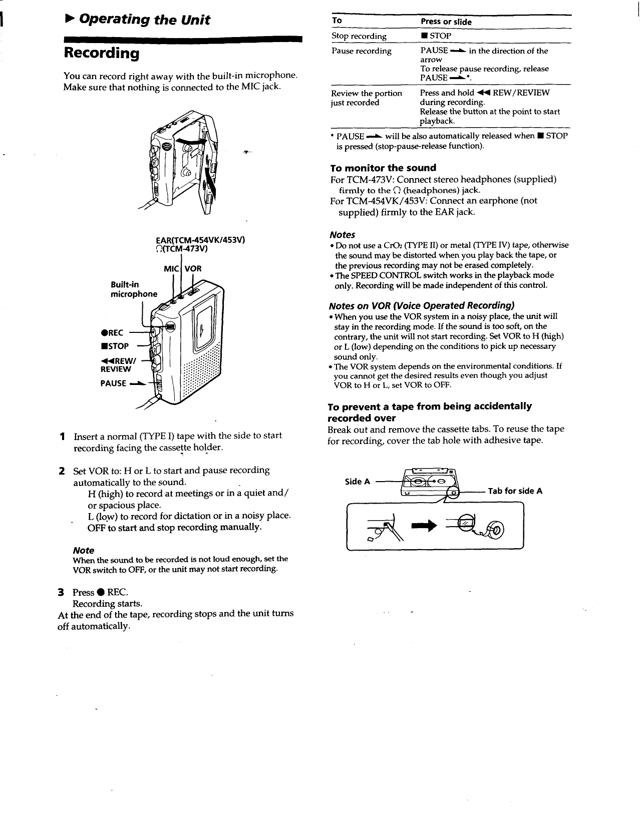 Page 3 of 6 - Sony TCM-453V User Manual Operating Instructions (primary Manual) TCM473V