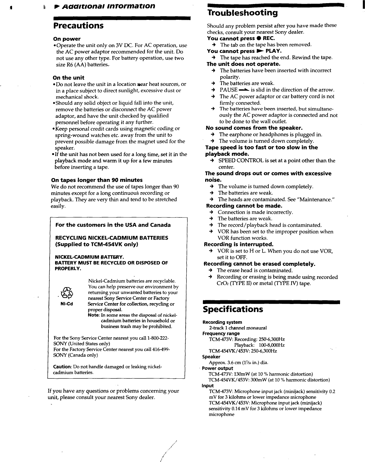 Page 5 of 6 - Sony TCM-453V User Manual Operating Instructions (primary Manual) TCM473V