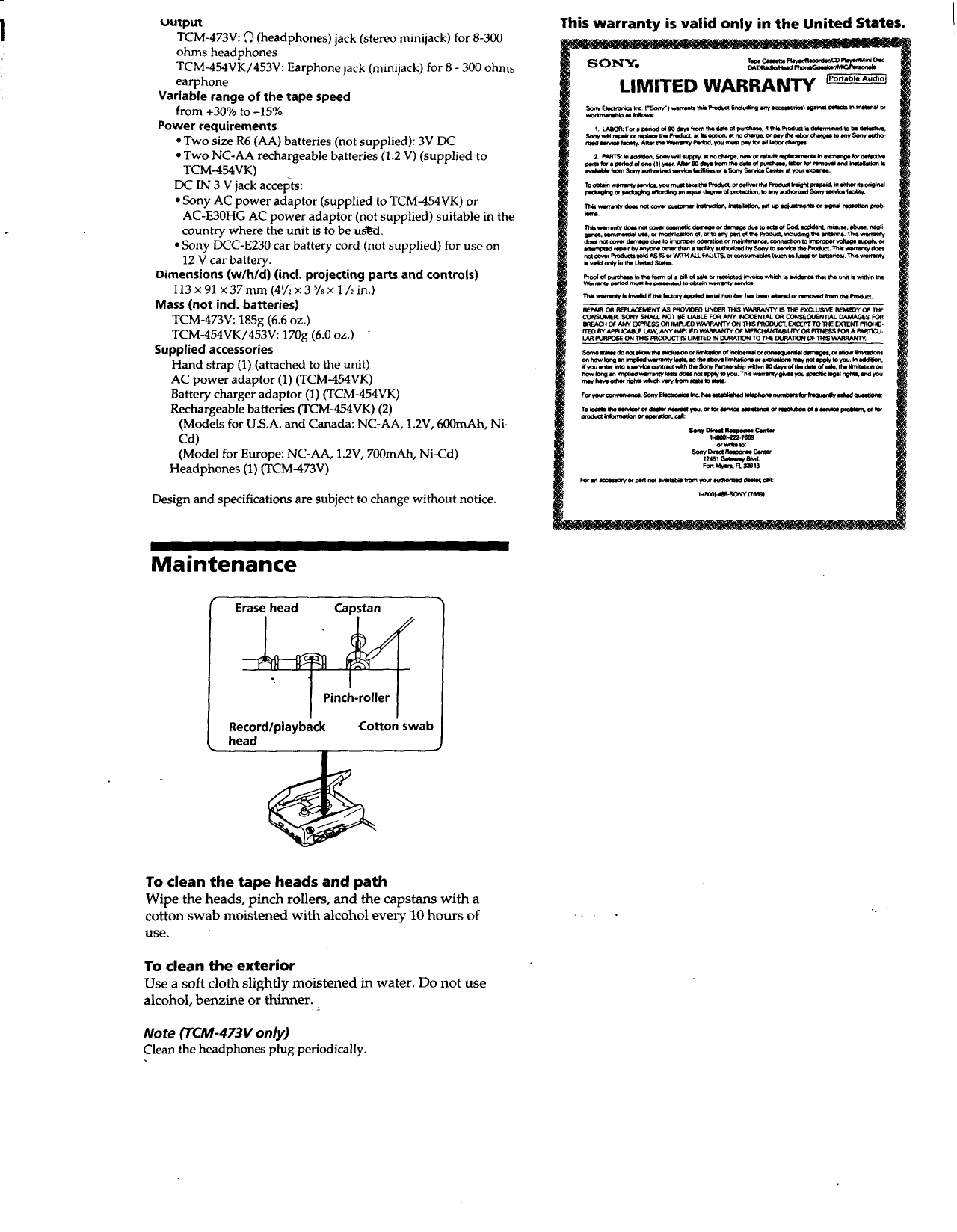 Page 6 of 6 - Sony TCM-453V User Manual Operating Instructions (primary Manual) TCM473V
