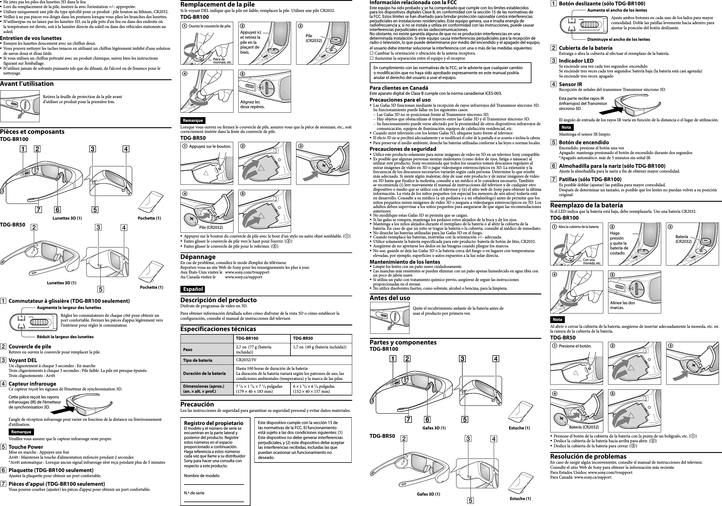 Page 2 of 2 - Sony TDG-BR100 TDG-BR100/BR50 User Manual Instructions TDGBR100 EN ES FR