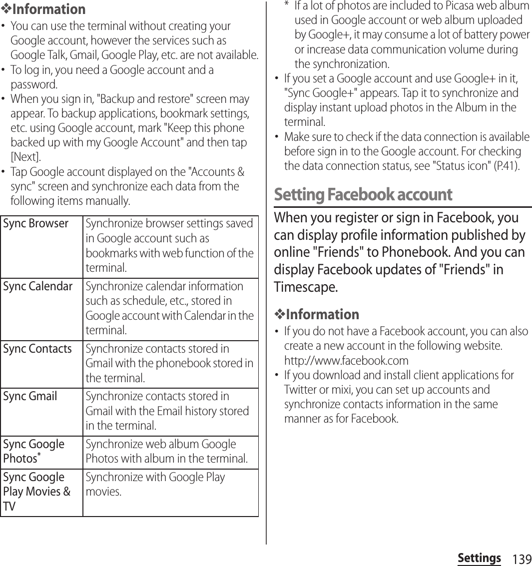 139Settings❖Information･You can use the terminal without creating your Google account, however the services such as Google Talk, Gmail, Google Play, etc. are not available.･To log in, you need a Google account and a password.･When you sign in, &quot;Backup and restore&quot; screen may appear. To backup applications, bookmark settings, etc. using Google account, mark &quot;Keep this phone backed up with my Google Account&quot; and then tap [Next].･Tap Google account displayed on the &quot;Accounts &amp; sync&quot; screen and synchronize each data from the following items manually.* If a lot of photos are included to Picasa web album used in Google account or web album uploaded by Google+, it may consume a lot of battery power or increase data communication volume during the synchronization.･If you set a Google account and use Google+ in it, &quot;Sync Google+&quot; appears. Tap it to synchronize and display instant upload photos in the Album in the terminal.･Make sure to check if the data connection is available before sign in to the Google account. For checking the data connection status, see &quot;Status icon&quot; (P.41).Setting Facebook accountWhen you register or sign in Facebook, you can display profile information published by online &quot;Friends&quot; to Phonebook. And you can display Facebook updates of &quot;Friends&quot; in Timescape.❖Information･If you do not have a Facebook account, you can also create a new account in the following website.http://www.facebook.com ･If you download and install client applications for Twitter or mixi, you can set up accounts and synchronize contacts information in the same manner as for Facebook.Sync BrowserSynchronize browser settings saved in Google account such as bookmarks with web function of the terminal.Sync CalendarSynchronize calendar information such as schedule, etc., stored in Google account with Calendar in the terminal.Sync ContactsSynchronize contacts stored in Gmail with the phonebook stored in the terminal.Sync GmailSynchronize contacts stored in Gmail with the Email history stored in the terminal.Sync Google Photos*Synchronize web album Google Photos with album in the terminal.Sync Google Play Movies &amp; TVSynchronize with Google Play movies.