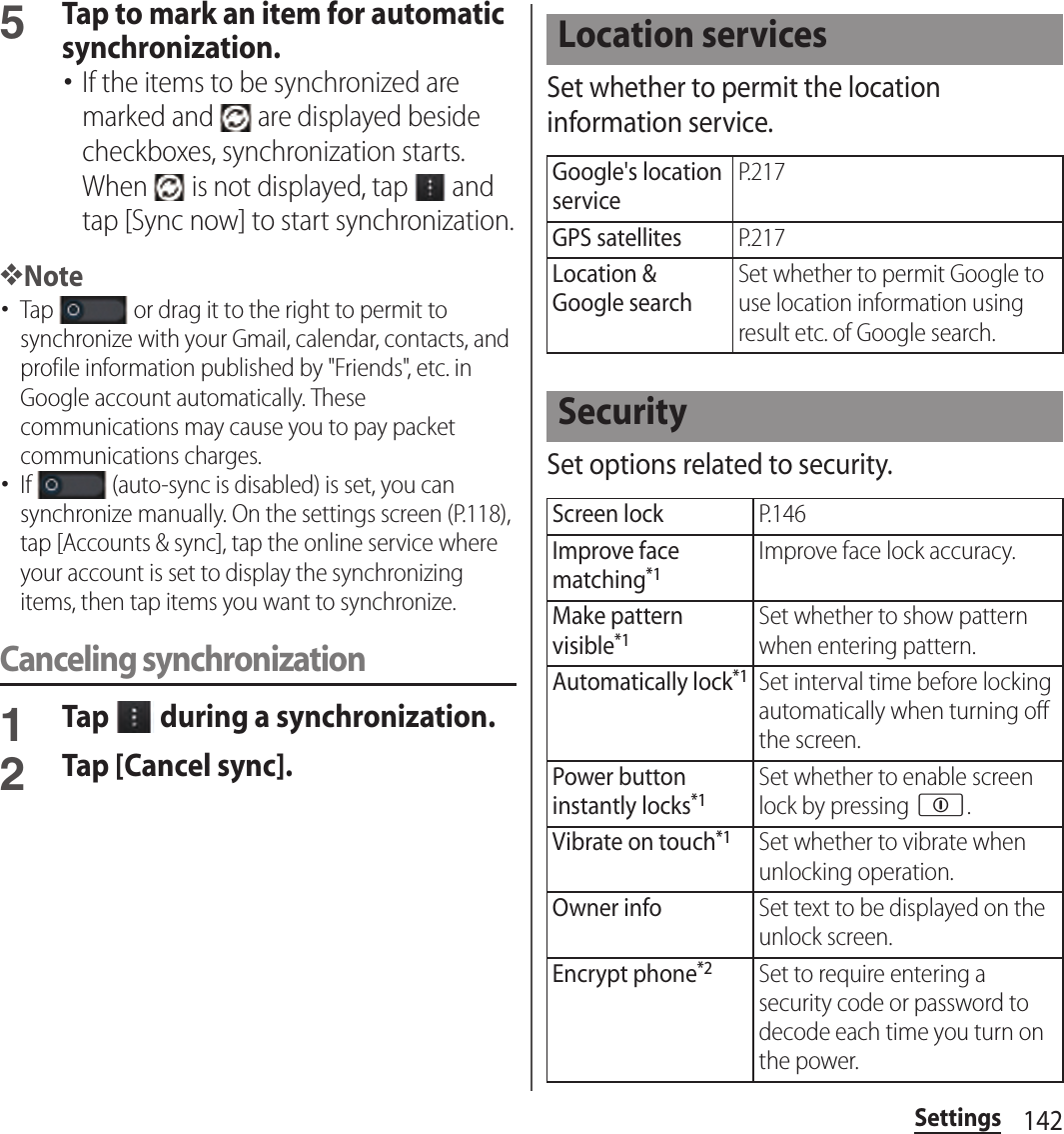 142Settings5Tap to mark an item for automatic synchronization.･If the items to be synchronized are marked and   are displayed beside checkboxes, synchronization starts. When   is not displayed, tap   and tap [Sync now] to start synchronization.❖Note･Tap   or drag it to the right to permit to synchronize with your Gmail, calendar, contacts, and profile information published by &quot;Friends&quot;, etc. in Google account automatically. These communications may cause you to pay packet communications charges.･If   (auto-sync is disabled) is set, you can synchronize manually. On the settings screen (P.118), tap [Accounts &amp; sync], tap the online service where your account is set to display the synchronizing items, then tap items you want to synchronize.Canceling synchronization1Tap   during a synchronization.2Tap [Cancel sync].Set whether to permit the location information service.Set options related to security.Location servicesGoogle&apos;s location serviceP.217GPS satellitesP.217Location &amp; Google searchSet whether to permit Google to use location information using result etc. of Google search.SecurityScreen lockP.146Improve face matching*1Improve face lock accuracy.Make pattern visible*1Set whether to show pattern when entering pattern.Automatically lock*1Set interval time before locking automatically when turning off the screen.Power button instantly locks*1Set whether to enable screen lock by pressing p.Vibrate on touch*1Set whether to vibrate when unlocking operation.Owner infoSet text to be displayed on the unlock screen.Encrypt phone*2Set to require entering a security code or password to decode each time you turn on the power.