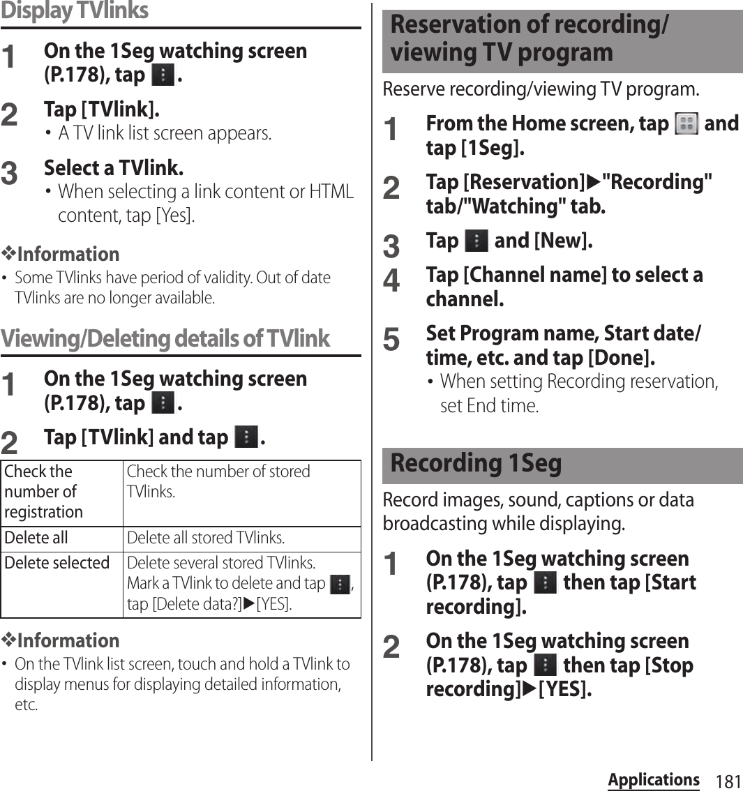 181ApplicationsDisplay TVlinks1On the 1Seg watching screen (P.178), tap  .2Tap [TVlink].･A TV link list screen appears.3Select a TVlink.･When selecting a link content or HTML content, tap [Yes].❖Information･Some TVlinks have period of validity. Out of date TVlinks are no longer available.Viewing/Deleting details of TVlink1On the 1Seg watching screen (P.178), tap  .2Tap [TVlink] and tap  .❖Information･On the TVlink list screen, touch and hold a TVlink to display menus for displaying detailed information, etc.Reserve recording/viewing TV program.1From the Home screen, tap   and tap [1Seg].2Tap [Reservation]u&quot;Recording&quot; tab/&quot;Watching&quot; tab.3Tap   and [New].4Tap [Channel name] to select a channel.5Set Program name, Start date/time, etc. and tap [Done].･When setting Recording reservation, set End time.Record images, sound, captions or data broadcasting while displaying.1On the 1Seg watching screen (P.178), tap   then tap [Start recording].2On the 1Seg watching screen (P.178), tap   then tap [Stop recording]u[YES].Check the number of registrationCheck the number of stored TVlinks.Delete allDelete all stored TVlinks.Delete selectedDelete several stored TVlinks.Mark a TVlink to delete and tap  , tap [Delete data?]u[YES].Reservation of recording/viewing TV programRecording 1Seg