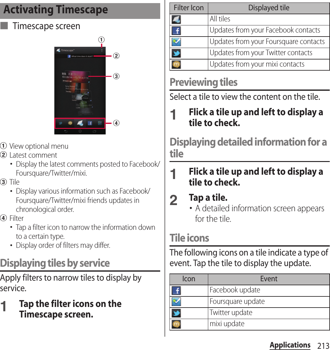 213Applications■ Timescape screenaView optional menubLatest comment･Display the latest comments posted to Facebook/Foursquare/Twitter/mixi.cTile･Display various information such as Facebook/Foursquare/Twitter/mixi friends updates in chronological order.dFilter･Tap a filter icon to narrow the information down to a certain type.･Display order of filters may differ.Displaying tiles by serviceApply filters to narrow tiles to display by service.1Tap the filter icons on the Timescape screen.Previewing tilesSelect a tile to view the content on the tile.1Flick a tile up and left to display a tile to check.Displaying detailed information for a tile1Flick a tile up and left to display a tile to check.2Tap a tile.･A detailed information screen appears for the tile.Tile iconsThe following icons on a tile indicate a type of event. Tap the tile to display the update.Activating TimescapebdcaFilter Icon Displayed tileAll tilesUpdates from your Facebook contactsUpdates from your Foursquare contactsUpdates from your Twitter contactsUpdates from your mixi contactsIcon EventFacebook updateFoursquare updateTwitter updatemixi update