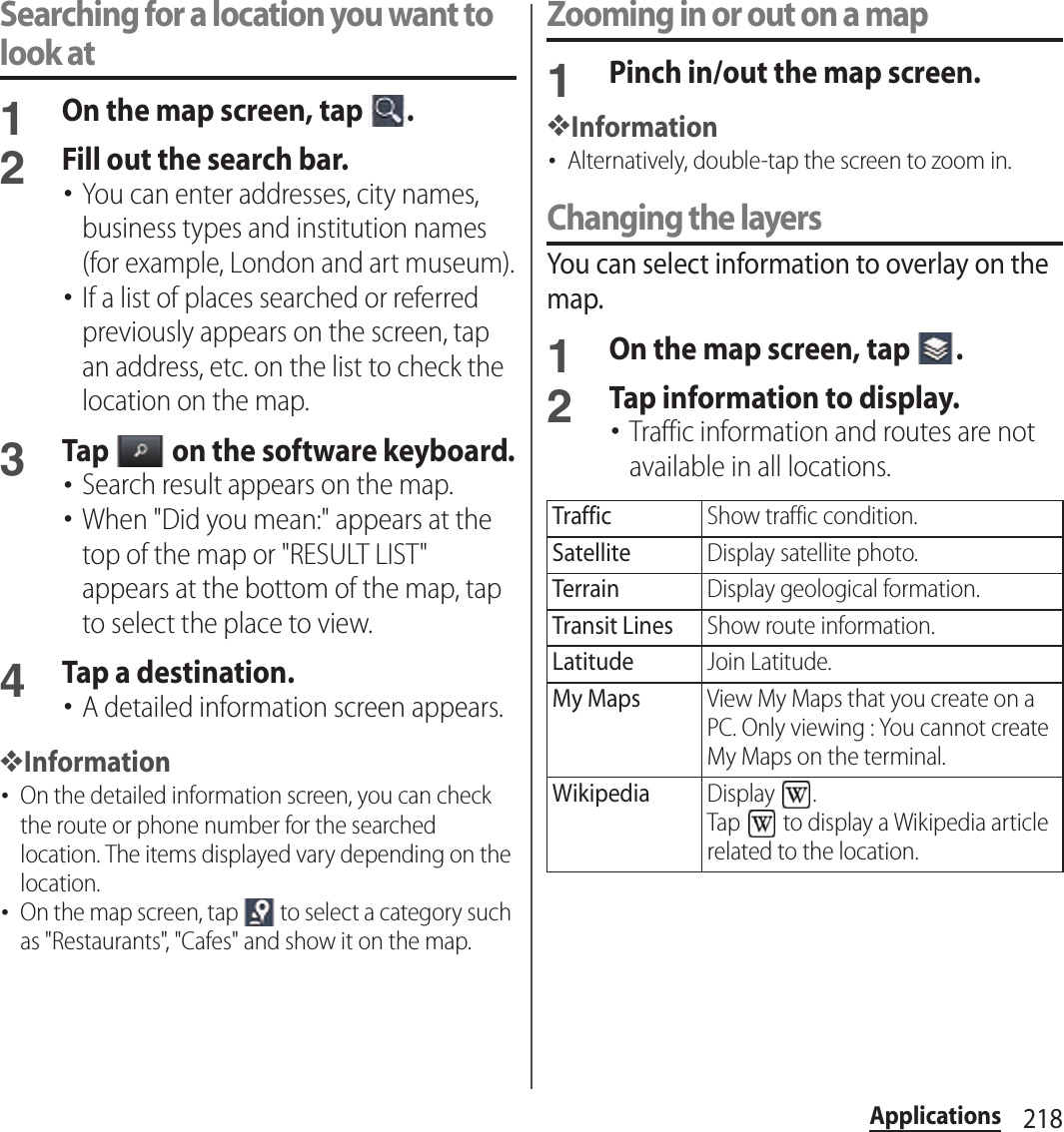 218ApplicationsSearching for a location you want to look at1On the map screen, tap  .2Fill out the search bar.･You can enter addresses, city names, business types and institution names (for example, London and art museum).･If a list of places searched or referred previously appears on the screen, tap an address, etc. on the list to check the location on the map.3Tap   on the software keyboard.･Search result appears on the map.･When &quot;Did you mean:&quot; appears at the top of the map or &quot;RESULT LIST&quot; appears at the bottom of the map, tap to select the place to view.4Tap a destination.･A detailed information screen appears.❖Information･On the detailed information screen, you can check the route or phone number for the searched location. The items displayed vary depending on the location.･On the map screen, tap   to select a category such as &quot;Restaurants&quot;, &quot;Cafes&quot; and show it on the map.Zooming in or out on a map1Pinch in/out the map screen.❖Information･Alternatively, double-tap the screen to zoom in.Changing the layersYou can select information to overlay on the map.1On the map screen, tap  .2Tap information to display.･Traffic information and routes are not available in all locations.TrafficShow traffic condition.SatelliteDisplay satellite photo.TerrainDisplay geological formation.Transit LinesShow route information.LatitudeJoin Latitude.My MapsView My Maps that you create on a PC. Only viewing : You cannot create My Maps on the terminal.WikipediaDisplay  .Tap   to display a Wikipedia article related to the location.