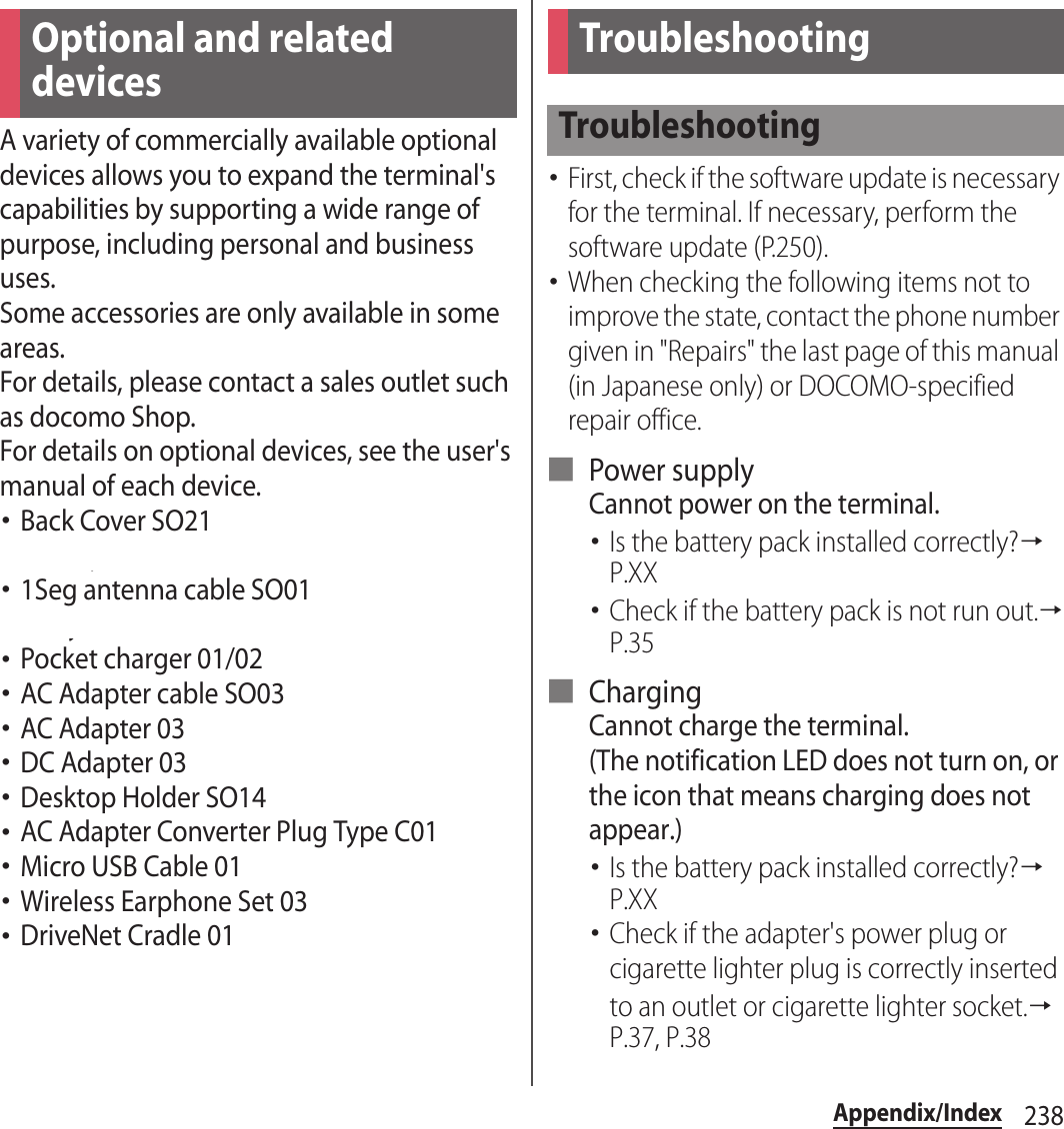 238Appendix/IndexAppendix/IndexA variety of commercially available optional devices allows you to expand the terminal&apos;s capabilities by supporting a wide range of purpose, including personal and business uses.Some accessories are only available in some areas.For details, please contact a sales outlet such as docomo Shop.For details on optional devices, see the user&apos;s manual of each device.･Back Cover SO21･Battery Pack SO08･1Seg antenna cable SO01･Carry Case 02･Pocket charger 01/02･AC Adapter cable SO03･AC Adapter 03･DC Adapter 03･Desktop Holder SO14･AC Adapter Converter Plug Type C01･Micro USB Cable 01･Wireless Earphone Set 03･DriveNet Cradle 01･First, check if the software update is necessary for the terminal. If necessary, perform the software update (P.250).･When checking the following items not to improve the state, contact the phone number given in &quot;Repairs&quot; the last page of this manual (in Japanese only) or DOCOMO-specified repair office.■ Power supplyCannot power on the terminal.･Is the battery pack installed correctly?→P.XX･Check if the battery pack is not run out.→P.35■ ChargingCannot charge the terminal.(The notification LED does not turn on, or the icon that means charging does not appear.)･Is the battery pack installed correctly?→P.XX･Check if the adapter&apos;s power plug or cigarette lighter plug is correctly inserted to an outlet or cigarette lighter socket.→P.37, P.38Optional and related devicesTroubleshootingTroubleshooting