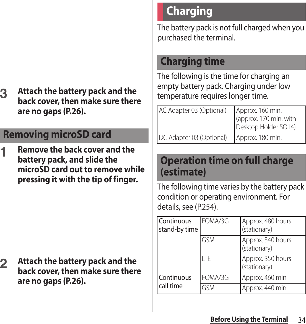 34Before Using the Terminal3Attach the battery pack and the back cover, then make sure there are no gaps (P.26).1Remove the back cover and the battery pack, and slide the microSD card out to remove while pressing it with the tip of finger.2Attach the battery pack and the back cover, then make sure there are no gaps (P.26).The battery pack is not full charged when you purchased the terminal.The following is the time for charging an empty battery pack. Charging under low temperature requires longer time.The following time varies by the battery pack condition or operating environment. For details, see (P.254).Removing microSD cardChargingCharging timeAC Adapter 03 (Optional) Approx. 160 min. (approx. 170 min. with Desktop Holder SO14)DC Adapter 03 (Optional) Approx. 180 min.Operation time on full charge (estimate)Continuous stand-by timeFOMA/3G Approx. 480 hours (stationary)GSM Approx. 340 hours (stationary)LTE Approx. 350 hours (stationary)Continuous call timeFOMA/3G Approx. 460 min.GSM Approx. 440 min.