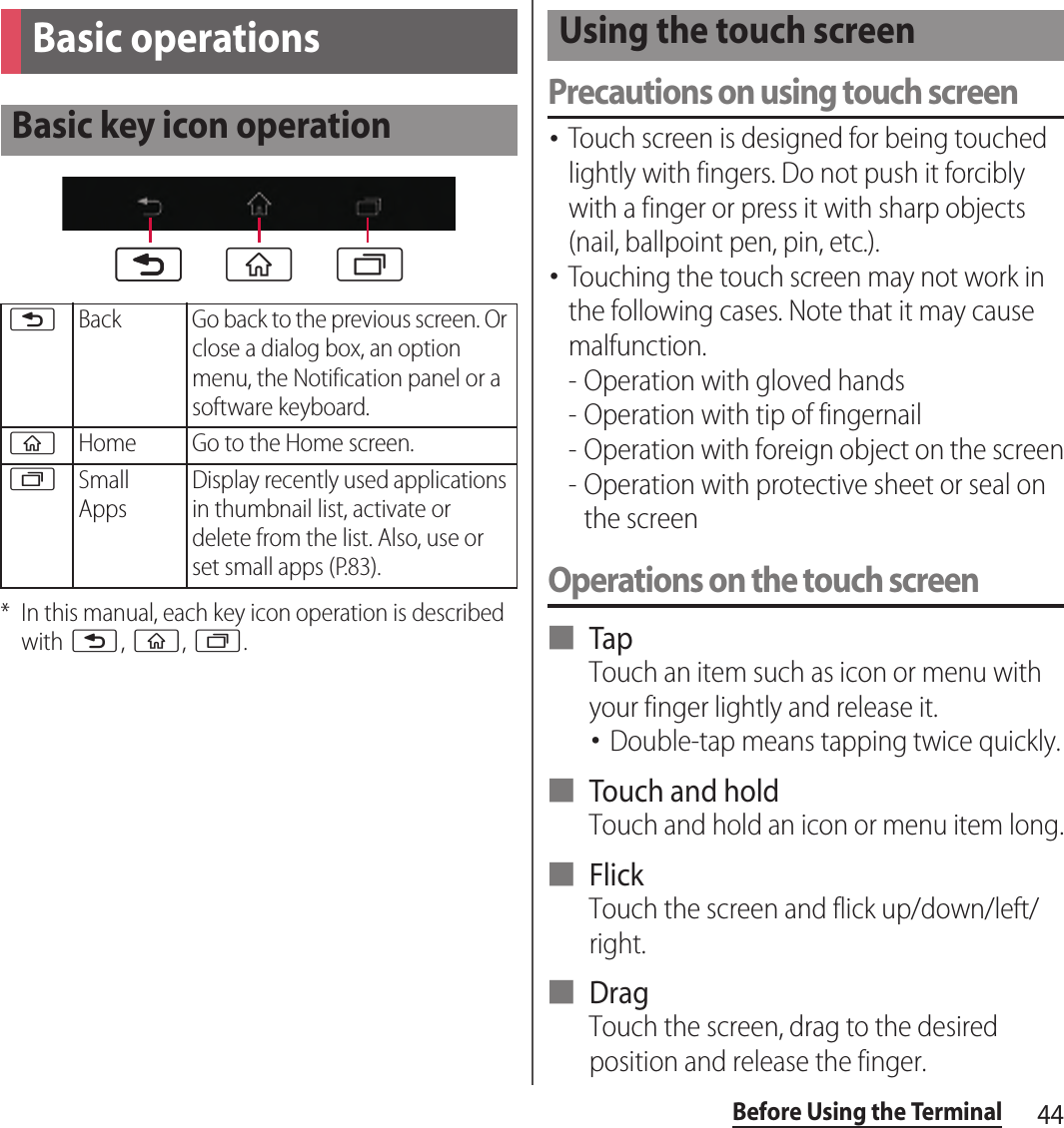 44Before Using the Terminal* In this manual, each key icon operation is described with x, y, r.Precautions on using touch screen･Touch screen is designed for being touched lightly with fingers. Do not push it forcibly with a finger or press it with sharp objects (nail, ballpoint pen, pin, etc.).･Touching the touch screen may not work in the following cases. Note that it may cause malfunction.- Operation with gloved hands- Operation with tip of fingernail- Operation with foreign object on the screen- Operation with protective sheet or seal on the screenOperations on the touch screen■ TapTouch an item such as icon or menu with your finger lightly and release it.･Double-tap means tapping twice quickly.■ Touch and holdTouch and hold an icon or menu item long.■ FlickTouch the screen and flick up/down/left/right.■ DragTouch the screen, drag to the desired position and release the finger.Basic operationsBasic key icon operationxBack Go back to the previous screen. Or close a dialog box, an option menu, the Notification panel or a software keyboard.yHome Go to the Home screen.rSmall AppsDisplay recently used applications in thumbnail list, activate or delete from the list. Also, use or set small apps (P.83).xx yrUsing the touch screen