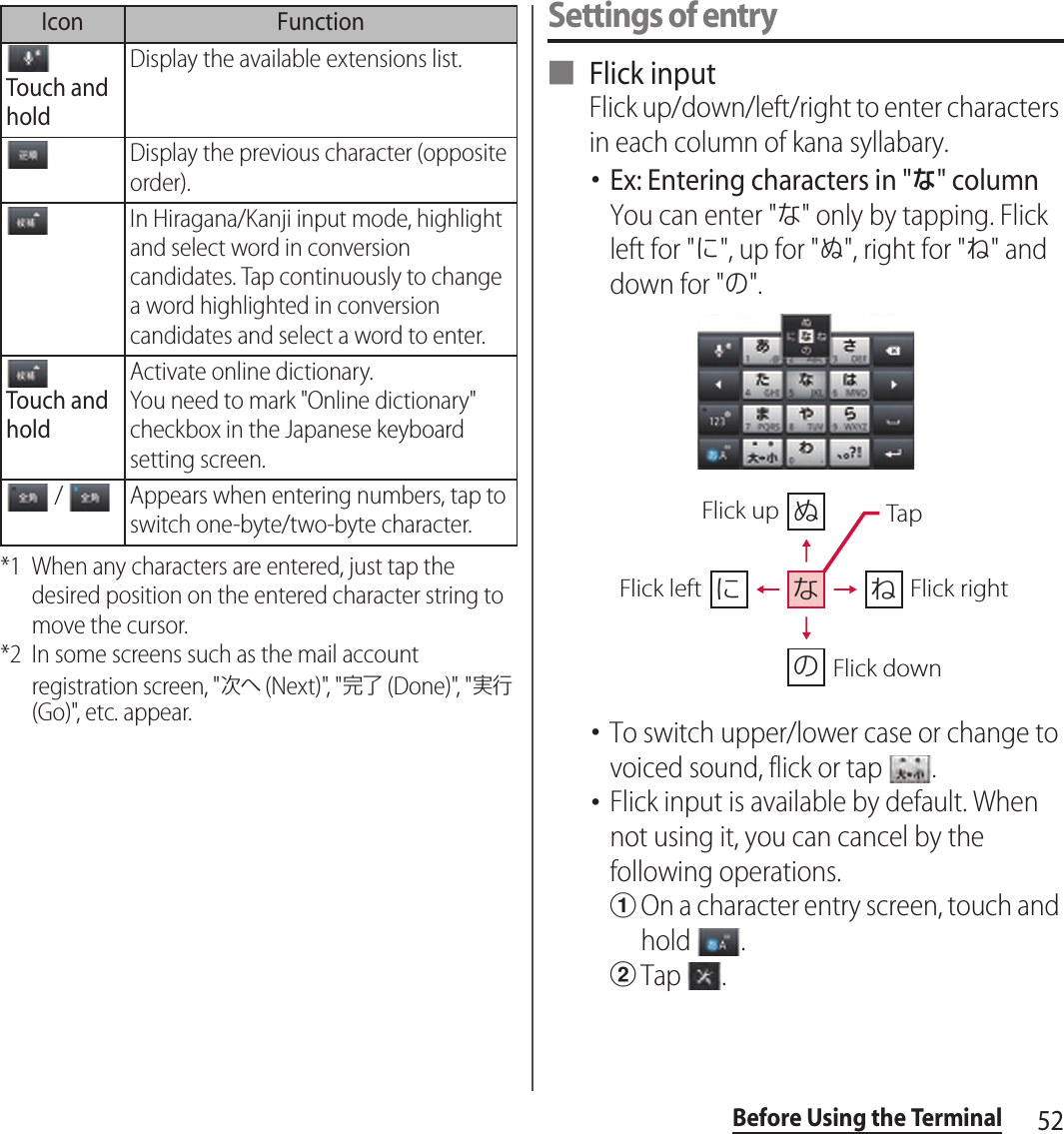 52Before Using the Terminal*1 When any characters are entered, just tap the desired position on the entered character string to move the cursor.*2 In some screens such as the mail account registration screen, &quot;次へ (Next)&quot;, &quot;完了 (Done)&quot;, &quot;実行 (Go)&quot;, etc. appear.Settings of entry■ Flick inputFlick up/down/left/right to enter characters in each column of kana syllabary.･Ex: Entering characters in &quot;な&quot; columnYou can enter &quot;な&quot; only by tapping. Flick left for &quot;に&quot;, up for &quot;ぬ&quot;, right for &quot;ね&quot; and down for &quot;の&quot;.･To switch upper/lower case or change to voiced sound, flick or tap  .･Flick input is available by default. When not using it, you can cancel by the following operations.aOn a character entry screen, touch and hold  .bTap  .Touch and holdDisplay the available extensions list.Display the previous character (opposite order).In Hiragana/Kanji input mode, highlight and select word in conversion candidates. Tap continuously to change a word highlighted in conversion candidates and select a word to enter.Touch and holdActivate online dictionary.You need to mark &quot;Online dictionary&quot; checkbox in the Japanese keyboard setting screen. /  Appears when entering numbers, tap to switch one-byte/two-byte character.Icon FunctionぬねにのなFlick leftFlick up TapFlick rightFlick down