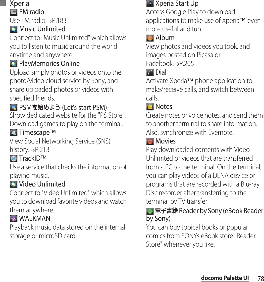 78docomo Palette UI■ Xperia FM radioUse FM radio.&quot;P.183 Music UnlimitedConnect to &quot;Music Unlimited&quot; which allows you to listen to music around the world anytime and anywhere. PlayMemories OnlineUpload simply photos or videos onto the photo/video cloud service by Sony, and share uploaded photos or videos with specified friends. PSMを始めよう (Let&apos;s start PSM)Show dedicated website for the &quot;PS Store&quot;. Download games to play on the terminal. Timescape™View Social Networking Service (SNS) history.&quot;P.213 TrackID™Use a service that checks the information of playing music. Video UnlimitedConnect to &quot;Video Unlimited&quot; which allows you to download favorite videos and watch them anywhere. WALKMANPlayback music data stored on the internal storage or microSD card. Xperia Start UpAccess Google Play to download applications to make use of Xperia™ even more useful and fun. AlbumView photos and videos you took, and images posted on Picasa or Facebook.&quot;P.205 DialActivate Xperia™ phone application to make/receive calls, and switch between calls. NotesCreate notes or voice notes, and send them to another terminal to share information. Also, synchronize with Evernote. MoviesPlay downloaded contents with Video Unlimited or videos that are transferred from a PC to the terminal. On the terminal, you can play videos of a DLNA device or programs that are recorded with a Blu-ray Disc recorder after transferring to the terminal by TV transfer. 電子書籍 Reader by Sony (eBook Reader by Sony)You can buy topical books or popular comics from SONYs eBook store &quot;Reader Store&quot; whenever you like.