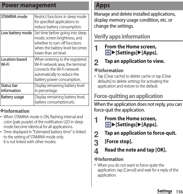 156Settings❖Information･When STAMINA mode is ON, flashing interval and color (pale purple) of the notification LED in sleep mode become identical for all applications.･Time displayed in &quot;Estimated battery time&quot; is linked to the setting of STAMINA mode only.It is not linked with other modes.Manage and delete installed applications, display memory usage condition, etc. or change the settings.Verify apps information1From the Home screen, u[Settings]u[Apps].2Tap an application to view.❖Information･Tap [Clear cache] to delete cache or tap [Clear defaults] to delete settings for activating the application and restore to the default.Force-quitting an applicationWhen the application does not reply, you can force-quit the application.1From the Home screen, u[Settings]u[Apps].2Tap an application to force-quit.3[Force stop].4Read the note and tap [OK].❖Information･When you do not want to force-quite the application, tap [Cancel] and wait for a reply of the application.Power managementSTAMINA modeRestrict functions in sleep mode for specified applications to reduce battery consumption.Low battery modeSet time before going into sleep mode, screen brightness, and whether to turn off functions when the battery level becomes lower than set level.Location-based Wi-FiWhen entering to the registered Wi-Fi network area, the terminal connects the Wi-Fi network automatically to reduce the battery power consumption.Status bar informationDisplay remaining battery level in percentage.Battery usageDisplay remaining battery level, battery consumption,etc.Apps