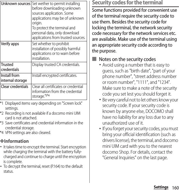 160Settings*1 Displayed items vary depending on &quot;Screen lock&quot; settings.*2 Recording is not available if a docomo mini UIM card is not attached.*3 Save certificates and credential information in the credential storage.*4 VPN settings are also cleared.❖Information･It takes time to encrypt the terminal. Start encryption while charging the terminal with the battery fully-charged and continue to charge until the encryption is complete.･To decrypt the terminal, reset (P.164) to the default status.Security codes for the terminalSome functions provided for convenient use of the terminal require the security code to use them. Besides the security code for locking the terminal, the network security code necessary for the network services etc. are available. Make use of the terminal using an appropriate security code according to the purpose.■ Notes on the security codes･Avoid using a number that is easy to guess, such as &quot;birth date&quot;, &quot;part of your phone number&quot;, &quot;street address number or room number&quot;, &quot;1111&quot;, and &quot;1234&quot;. Make sure to make a note of the security code you set lest you should forget it.･Be very careful not to let others know your security code. If your security code is known by anyone else, DOCOMO shall have no liability for any loss due to any unauthorized use of it.･If you forget your security codes, you must bring your official identification (such as drivers license), the terminal, and docomo mini UIM card with you to the nearest docomo Shop. For details, contact the &quot;General Inquiries&quot; on the last page.Unknown sourcesSet wether to permit installing before downloading unknown sources application. Some applications may be of unknown origin.To protect the terminal and personal data, only download applications from trusted sources.Verify appsSet whether to prohibit installation of possibly harmful applications or to warn before installation.Trusted credentialsDisplay trusted CA credentials.Install from internal storageInstall encrypted certificates.Clear credentialsClear all certificates or credential information from the credential storage.*3*4