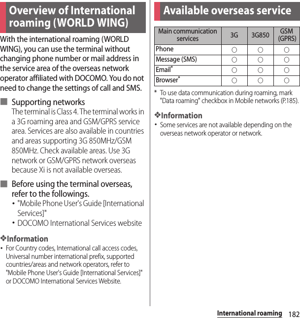 182International roamingInternational roamingWith the international roaming (WORLD WING), you can use the terminal without changing phone number or mail address in the service area of the overseas network operator affiliated with DOCOMO. You do not need to change the settings of call and SMS.■ Supporting networksThe terminal is Class 4. The terminal works in a 3G roaming area and GSM/GPRS service area. Services are also available in countries and areas supporting 3G 850MHz/GSM 850MHz. Check available areas. Use 3G network or GSM/GPRS network overseas because Xi is not available overseas.■ Before using the terminal overseas, refer to the followings.･&quot;Mobile Phone User&apos;s Guide [International Services]&quot;･DOCOMO International Services website❖Information･For Country codes, International call access codes, Universal number international prefix, supported countries/areas and network operators, refer to &quot;Mobile Phone User&apos;s Guide [International Services]&quot; or DOCOMO International Services Website.* To use data communication during roaming, mark &quot;Data roaming&quot; checkbox in Mobile networks (P.185).❖Information･Some services are not available depending on the overseas network operator or network.Overview of International roaming (WORLD WING)Available overseas serviceMain communication services 3G 3G850 GSM (GPRS)Phone○○○Message (SMS)○○○Email*○○○Browser*○○○