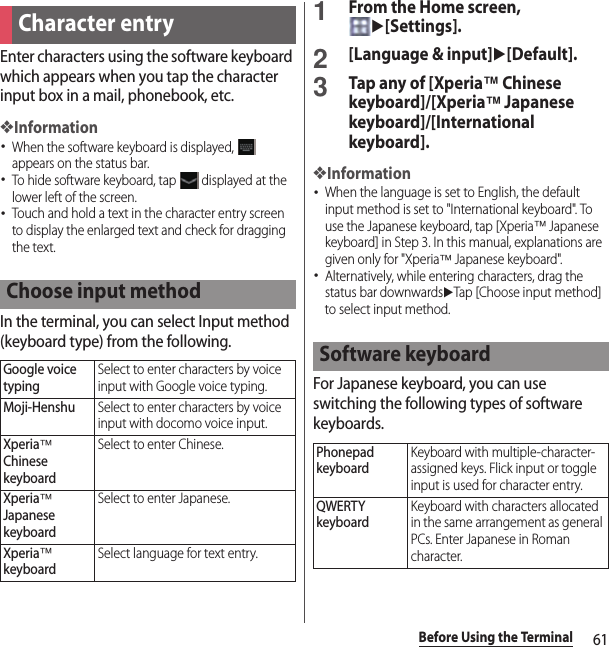 61Before Using the TerminalEnter characters using the software keyboard which appears when you tap the character input box in a mail, phonebook, etc.❖Information･When the software keyboard is displayed,   appears on the status bar.･To hide software keyboard, tap   displayed at the lower left of the screen.･Touch and hold a text in the character entry screen to display the enlarged text and check for dragging the text.In the terminal, you can select Input method (keyboard type) from the following.1From the Home screen, u[Settings].2[Language &amp; input]u[Default].3Tap any of [Xperia™ Chinese keyboard]/[Xperia™ Japanese keyboard]/[International keyboard].❖Information･When the language is set to English, the default input method is set to &quot;International keyboard&quot;. To use the Japanese keyboard, tap [Xperia™ Japanese keyboard] in Step 3. In this manual, explanations are given only for &quot;Xperia™ Japanese keyboard&quot;.･Alternatively, while entering characters, drag the status bar downwardsuTap [Choose input method] to select input method.For Japanese keyboard, you can use switching the following types of software keyboards.Character entryChoose input methodGoogle voice typingSelect to enter characters by voice input with Google voice typing.Moji-HenshuSelect to enter characters by voice input with docomo voice input.Xperia™ Chinese keyboardSelect to enter Chinese.Xperia™ Japanese keyboardSelect to enter Japanese.Xperia™ keyboardSelect language for text entry.Software keyboardPhonepad keyboardKeyboard with multiple-character-assigned keys. Flick input or toggle input is used for character entry.QWERTY keyboardKeyboard with characters allocated in the same arrangement as general PCs. Enter Japanese in Roman character.