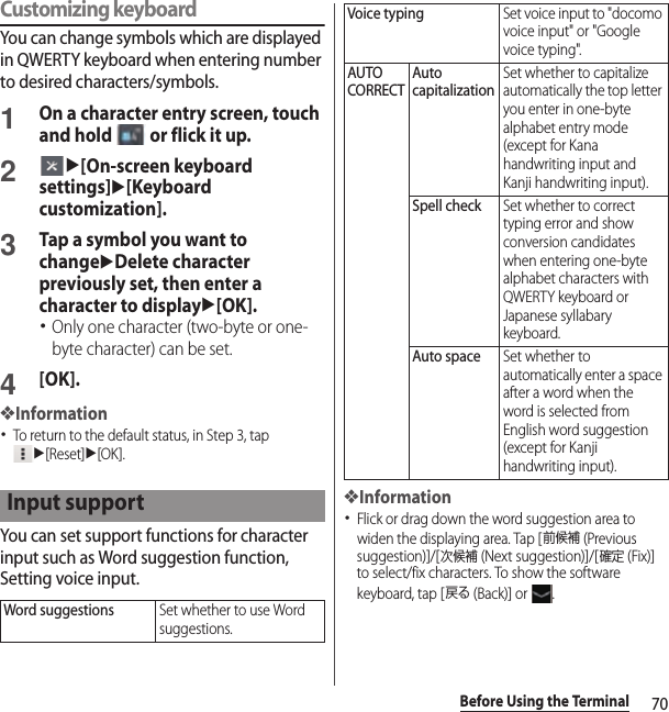 70Before Using the TerminalCustomizing keyboardYou can change symbols which are displayed in QWERTY keyboard when entering number to desired characters/symbols.1On a character entry screen, touch and hold   or flick it up.2u[On-screen keyboard settings]u[Keyboard customization].3Tap a symbol you want to changeuDelete character previously set, then enter a character to displayu[OK].･Only one character (two-byte or one-byte character) can be set.4[OK].❖Information･To return to the default status, in Step 3, tap u[Reset]u[OK].You can set support functions for character input such as Word suggestion function, Setting voice input.❖Information･Flick or drag down the word suggestion area to widen the displaying area. Tap [前候補 (Previous suggestion)]/[次候補 (Next suggestion)]/[確定 (Fix)] to select/fix characters. To show the software keyboard, tap [戻る (Back)] or  .Input supportWord suggestionsSet whether to use Word suggestions.Voice typingSet voice input to &quot;docomo voice input&quot; or &quot;Google voice typing&quot;.AUTO CORRECTAuto capitalizationSet whether to capitalize automatically the top letter you enter in one-byte alphabet entry mode (except for Kana handwriting input and Kanji handwriting input).Spell checkSet whether to correct typing error and show conversion candidates when entering one-byte alphabet characters with QWERTY keyboard or Japanese syllabary keyboard.Auto spaceSet whether to automatically enter a space after a word when the word is selected from English word suggestion (except for Kanji handwriting input).