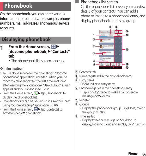 86PhoneOn the phonebook, you can enter various information for contacts, for example, phone numbers, mail addresses and various service accounts.1From the Home screen, u[docomo phonebook]u&quot;Contacts&quot; tab.･The phonebook list screen appears.❖Information･To use cloud service for the phonebook, &quot;docomo phonebook&quot; application is needed. When you use &quot;docomo phonebook&quot; for the first time (including after resetting the application), &quot;Use of Cloud&quot; screen appears and you can log in to Cloud.･From the Home screen, uTap [Phonebook] to display the phonebook list.･Phonebook data can be backed up in a microSD card using &quot;docomo backup&quot; application (P.140).･From the Home screen, uTap [Contacts] to activate Xperia™ phonebook.■ Phonebook list screenOn the phonebook list screen, you can view details of your contacts. You can add a photo or image to a phonebook entry, and display phonebook entries by group.aContacts tabbName registered in the phonebook entrycEntry items･Icons indicate entry items.dPhoto/image set in the phonebook entry･Tap a photo/image to make a call or send a message (SMS) or mail.eRegisterfGroups･Display the phonebook group. Tap [Close] to end the group display.gTimeline tab･Display tweet or message on SNS/blog. To display, log in to Cloud and set &quot;My SNS&quot; function.PhonebookDisplaying phonebooklag hcdbfejikm