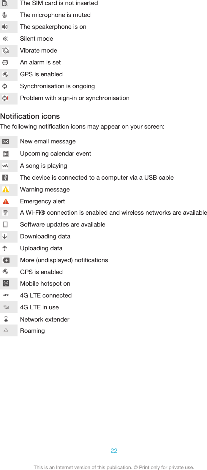 The SIM card is not insertedThe microphone is mutedThe speakerphone is onSilent modeVibrate modeAn alarm is setGPS is enabledSynchronisation is ongoingProblem with sign-in or synchronisationNotiﬁcation iconsThe following notiﬁcation icons may appear on your screen:New email messageUpcoming calendar eventA song is playingThe device is connected to a computer via a USB cableWarning messageEmergency alertA Wi-Fi® connection is enabled and wireless networks are availableSoftware updates are availableDownloading dataUploading dataMore (undisplayed) notiﬁcationsGPS is enabled22This is an Internet version of this publication. © Print only for private use.Mobile hotspot on4G LTE connected4G LTE in useNetwork extenderRoaming