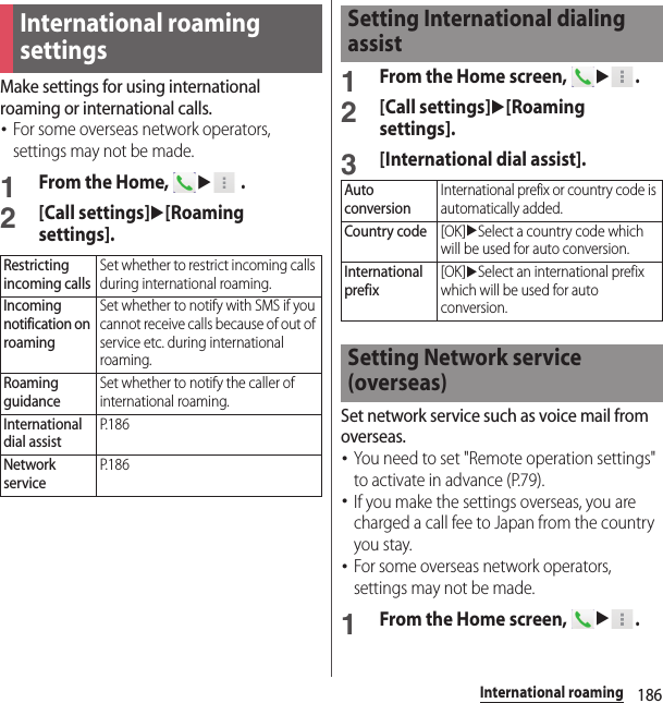 186International roamingMake settings for using international roaming or international calls.･For some overseas network operators, settings may not be made.1From the Home, u .2[Call settings]u[Roaming settings].1From the Home screen, u.2[Call settings]u[Roaming settings].3[International dial assist].Set network service such as voice mail from overseas.･You need to set &quot;Remote operation settings&quot; to activate in advance (P.79).･If you make the settings overseas, you are charged a call fee to Japan from the country you stay.･For some overseas network operators, settings may not be made.1From the Home screen, u.International roaming settingsRestricting incoming callsSet whether to restrict incoming calls during international roaming.Incoming notification on roamingSet whether to notify with SMS if you cannot receive calls because of out of service etc. during international roaming.Roaming guidanceSet whether to notify the caller of international roaming.International dial assistP. 1 8 6Network serviceP. 1 8 6Setting International dialing assistAuto conversionInternational prefix or country code is automatically added.Country code[OK]uSelect a country code which will be used for auto conversion.International prefix[OK]uSelect an international prefix which will be used for auto conversion.Setting Network service (overseas)