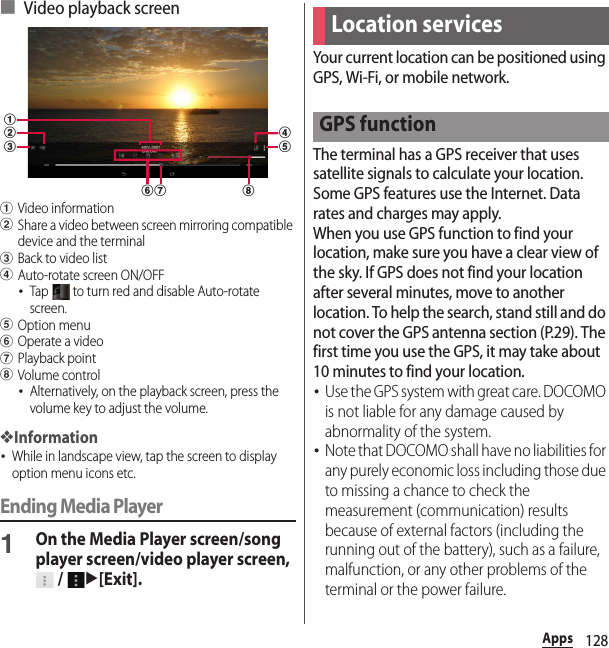 128Apps■ Video playback screenaVideo informationbShare a video between screen mirroring compatible device and the terminalcBack to video listdAuto-rotate screen ON/OFF･Tap   to turn red and disable Auto-rotate screen.eOption menufOperate a videogPlayback pointhVolume control･Alternatively, on the playback screen, press the volume key to adjust the volume.❖Information･While in landscape view, tap the screen to display option menu icons etc.Ending Media Player1On the Media Player screen/song player screen/video player screen,  / u[Exit].Your current location can be positioned using GPS, Wi-Fi, or mobile network.The terminal has a GPS receiver that uses satellite signals to calculate your location. Some GPS features use the Internet. Data rates and charges may apply.When you use GPS function to find your location, make sure you have a clear view of the sky. If GPS does not find your location after several minutes, move to another location. To help the search, stand still and do not cover the GPS antenna section (P.29). The first time you use the GPS, it may take about 10 minutes to find your location.･Use the GPS system with great care. DOCOMO is not liable for any damage caused by abnormality of the system.･Note that DOCOMO shall have no liabilities for any purely economic loss including those due to missing a chance to check the measurement (communication) results because of external factors (including the running out of the battery), such as a failure, malfunction, or any other problems of the terminal or the power failure.cbaghfdeLocation servicesGPS function