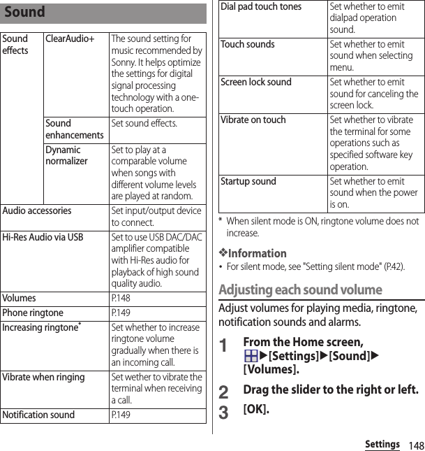 148Settings* When silent mode is ON, ringtone volume does not increase.❖Information･For silent mode, see &quot;Setting silent mode&quot; (P.42).Adjusting each sound volumeAdjust volumes for playing media, ringtone, notification sounds and alarms.1From the Home screen, u[Settings]u[Sound]u[Volumes].2Drag the slider to the right or left.3[OK].SoundSound effectsClearAudio+The sound setting for music recommended by Sonny. It helps optimize the settings for digital signal processing technology with a one-touch operation.Sound enhancementsSet sound effects.Dynamic normalizerSet to play at a comparable volume when songs with different volume levels are played at random.Audio accessoriesSet input/output device to connect.Hi-Res Audio via USBSet to use USB DAC/DAC amplifier compatible with Hi-Res audio for playback of high sound quality audio.VolumesP. 1 4 8Phone ringtoneP. 1 4 9Increasing ringtone*Set whether to increase ringtone volume gradually when there is an incoming call.Vibrate when ringingSet wether to vibrate the terminal when receiving a call.Notification soundP. 1 4 9Dial pad touch tonesSet whether to emit dialpad operation sound.Touch soundsSet whether to emit sound when selecting menu.Screen lock soundSet whether to emit sound for canceling the screen lock.Vibrate on touchSet whether to vibrate the terminal for some operations such as specified software key operation.Startup soundSet whether to emit sound when the power is on.