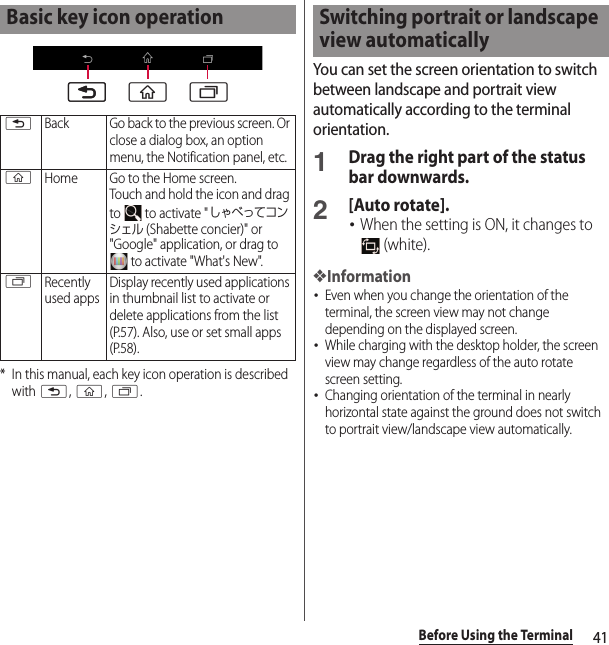 41Before Using the Terminal* In this manual, each key icon operation is described with x, y, r.You can set the screen orientation to switch between landscape and portrait view automatically according to the terminal orientation.1Drag the right part of the status bar downwards.2[Auto rotate].･When the setting is ON, it changes to  (white).❖Information･Even when you change the orientation of the terminal, the screen view may not change depending on the displayed screen.･While charging with the desktop holder, the screen view may change regardless of the auto rotate screen setting.･Changing orientation of the terminal in nearly horizontal state against the ground does not switch to portrait view/landscape view automatically.Basic key icon operationxBack Go back to the previous screen. Or close a dialog box, an option menu, the Notification panel, etc.yHome Go to the Home screen.Touch and hold the icon and drag to   to activate &quot;しゃべってコンシェル (Shabette concier)&quot; or &quot;Google&quot; application, or drag to  to activate &quot;What&apos;s New&quot;.rRecently used appsDisplay recently used applications in thumbnail list to activate or delete applications from the list (P.57). Also, use or set small apps (P.58).xx y rSwitching portrait or landscape view automatically