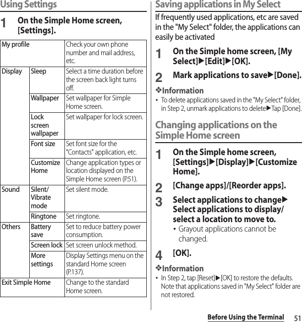 51Before Using the TerminalUsing Settings1On the Simple Home screen, [Settings].Saving applications in My SelectIf frequently used applications, etc are saved in the &quot;My Select&quot; folder, the applications can easily be activated1On the Simple home screen, [My Select]u[Edit]u[OK].2Mark applications to saveu[Done].❖Information･To delete applications saved in the &quot;My Select&quot; folder, in Step 2, unmark applications to deleteuTap [Done].Changing applications on the Simple Home screen1On the Simple home screen, [Settings]u[Display]u[Customize Home].2[Change apps]/[Reorder apps].3Select applications to changeuSelect applications to display/select a location to move to.･Grayout applications cannot be changed.4[OK].❖Information･In Step 2, tap [Reset]u[OK] to restore the defaults. Note that applications saved in &quot;My Select&quot; folder are not restored.My profileCheck your own phone number and mail address, etc.Display SleepSelect a time duration before the screen back light turns off.WallpaperSet wallpaper for Simple Home screen.Lock screen wallpaperSet wallpaper for lock screen.Font sizeSet font size for the &quot;Contacts&quot; application, etc.Customize HomeChange application types or location displayed on the Simple Home screen (P.51).Sound Silent/Vibrate modeSet silent mode.RingtoneSet ringtone.Others Battery saveSet to reduce battery power consumption.Screen lockSet screen unlock method.More settingsDisplay Settings menu on the standard Home screen (P.137).Exit Simple HomeChange to the standard Home screen.