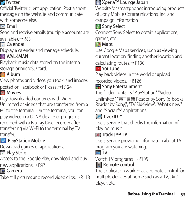 53Before Using the TerminalTwitterOfficial Twitter client application. Post a short message on the website and communicate with someone else. EmailSend and receive emails (multiple accounts are available).→P. 8 8 CalendarDisplay a calendar and manage schedule. WALKMANPlayback music data stored on the internal storage or microSD card. AlbumView photos and videos you took, and images posted on Facebook or Picasa.→P. 1 2 4 MoviesPlay downloaded contents with Video Unlimited or videos that are transferred from a PC to the terminal. On the terminal, you can play videos in a DLNA device or programs recorded with a Blu-ray Disc recorder after transferring via Wi-Fi to the terminal by TV transfer. PlayStation MobileDownload games or applications. Play StoreAccess to the Google Play, download and buy new applications.→P. 9 7 CameraTake still pictures and record video clips.→P.113 Xperia™ Lounge JapanWebsite for smartphones introducing products of Sony Mobile Communications, Inc. and campaign information Sony SelectConnect Sony Select to obtain applications, games, etc. MapsUse Google Maps services, such as viewing current location, finding another location and calculating routes.→P. 1 3 0 YouTubePlay back videos in the world or upload recorded videos.→P.126 Sony EntertainmentThe folder contains &quot;PlayStation&quot;, &quot;Video Unlimited&quot;, &quot;電子書籍 Reader by Sony (e-books Reader by Sony)&quot;, &quot;TV SideView&quot;, &quot;What&apos;s new&quot; and &quot;Socialife&quot; applications. TrackID™Use a service that checks the information of playing music. TrackID™ TVUse a service providing information about TV program you are watching. TVWatch TV programs.→P. 1 0 5 Remote controlThe application worked as a remote control for multiple devices at home such as a TV, DVD player, etc.