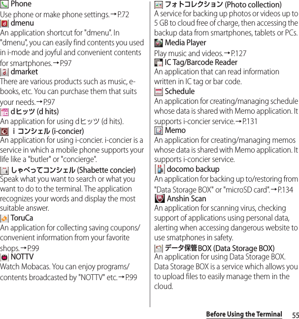 55Before Using the Terminal PhoneUse phone or make phone settings.→P. 7 2 dmenuAn application shortcut for &quot;dmenu&quot;. In &quot;dmenu&quot;, you can easily find contents you used in i-mode and joyful and convenient contents for smartphones.→P. 9 7 dmarketThere are various products such as music, e-books, etc. You can purchase them that suits your needs.→P. 9 7 dヒッツ (d hits)An application for using dヒッツ (d hits). ｉコンシェル (i-concier)An application for using i-concier. i-concier is a service in which a mobile phone supports your life like a &quot;butler&quot; or &quot;concierge&quot;. しゃべってコンシェル (Shabette concier)Speak what you want to search or what you want to do to the terminal. The application recognizes your words and display the most suitable answer. ToruCaAn application for collecting saving coupons/convenient information from your favorite shops.→P. 9 9 NOTTVWatch Mobacas. You can enjoy programs/contents broadcasted by &quot;NOTTV&quot; etc.→P. 9 9 フォトコレクション (Photo collection)A service for backing up photos or videos up to 5 GB to cloud free of charge, then accessing the backup data from smartphones, tablets or PCs. Media PlayerPlay music and videos.→P.127 IC Tag/Barcode ReaderAn application that can read information written in IC tag or bar code. ScheduleAn application for creating/managing schedule whose data is shared with Memo application. It supports i-concier service.→P.131 MemoAn application for creating/managing memos whose data is shared with Memo application. It supports i-concier service. docomo backupAn application for backing up to/restoring from &quot;Data Storage BOX&quot; or &quot;microSD card&quot;.→P.134 Anshin ScanAn application for scanning virus, checking support of applications using personal data, alerting when accessing dangerous website to use smatphones in safety. データ保管BOX (Data Storage BOX) An application for using Data Storage BOX. Data Storage BOX is a service which allows you to upload files to easily manage them in the cloud.