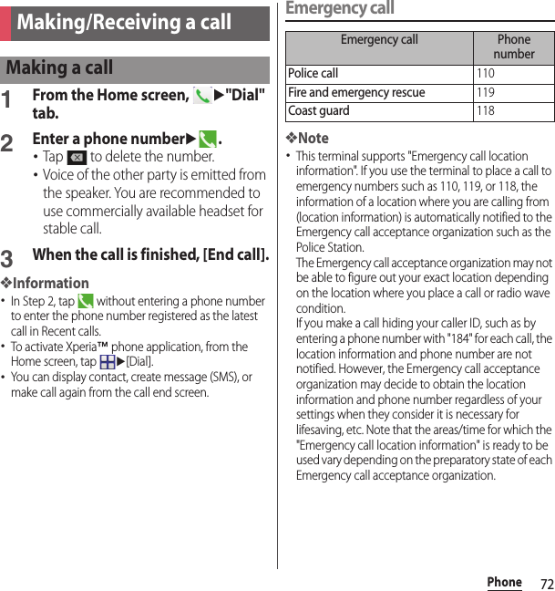 72PhonePhone1From the Home screen, u&quot;Dial&quot; tab.2Enter a phone numberu.･Tap   to delete the number.･Voice of the other party is emitted from the speaker. You are recommended to use commercially available headset for stable call.3When the call is finished, [End call].❖Information･In Step 2, tap   without entering a phone number to enter the phone number registered as the latest call in Recent calls.･To activate Xperia™ phone application, from the Home screen, tap u[Dial].･You can display contact, create message (SMS), or make call again from the call end screen.Emergency call❖Note･This terminal supports &quot;Emergency call location information&quot;. If you use the terminal to place a call to emergency numbers such as 110, 119, or 118, the information of a location where you are calling from (location information) is automatically notified to the Emergency call acceptance organization such as the Police Station.The Emergency call acceptance organization may not be able to figure out your exact location depending on the location where you place a call or radio wave condition.If you make a call hiding your caller ID, such as by entering a phone number with &quot;184&quot; for each call, the location information and phone number are not notified. However, the Emergency call acceptance organization may decide to obtain the location information and phone number regardless of your settings when they consider it is necessary for lifesaving, etc. Note that the areas/time for which the &quot;Emergency call location information&quot; is ready to be used vary depending on the preparatory state of each Emergency call acceptance organization.Making/Receiving a callMaking a callEmergency call Phone numberPolice call110Fire and emergency rescue119Coast guard118