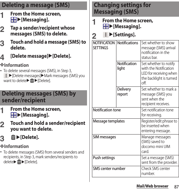 87Mail/Web browser1From the Home screen, u[Messaging].2Tap a sender/recipient whose messages (SMS) to delete.3Touch and hold a message (SMS) to delete.4[Delete message]u[Delete].❖Information･To delete several messages (SMS), in Step 3, u[Delete messages]uMark messages (SMS) you want to deleteuu[Delete].1From the Home screen, u[Messaging].2Touch and hold a sender/recipient you want to delete.3u[Delete].❖Information･To delete messages (SMS) from several senders and recipients, in Step 3, mark senders/recipients to deleteuu[Delete].1From the Home screen, u[Messaging].2u[Settings].Deleting a message (SMS)Deleting messages (SMS) by sender/recipientChanging settings for Messaging (SMS)NOTIFICATION SETTINGSNotificationsSet whether to show message (SMS) arrival notification in the status bar.Notification lightSet whether to notify with the Notification LED for receiving when the backlight is turned off.Delivery reportSet whether to mark a message (SMS) you sent when the recipient receives.Notification toneSet notification tone for receiving.Message templatesRegister/edit phrase to be inserted when entering message.SIM messagesManage messages (SMS) saved to docomo mini UIM card.Push settingsSet a message (SMS) sent from the provider.SMS center numberCheck SMS center number.