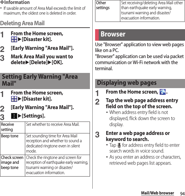 94Mail/Web browser❖Information･If savable amount of Area Mail exceeds the limit of maximum, the oldest one is deleted in order.Deleting Area Mail1From the Home screen, u[Disaster kit].2[Early Warning &quot;Area Mail&quot;].3Mark Area Mail you want to deleteu[Delete]u[OK].1From the Home screen, u[Disaster kit].2[Early Warning &quot;Area Mail&quot;].3u[Settings].Use &quot;Browser&quot; application to view web pages like on a PC.&quot;Browser&quot; application can be used via packet communication or Wi-Fi network with the terminal.1From the Home screen,  .2Tap the web page address entry field on the top of the screen.･When address entry field is not displayed, flick down the screen to display.3Enter a web page address or keyword to search.･Tap   for address entry field to enter search words in voice sound.･As you enter an address or characters, retrieved web pages list appears.Setting Early Warning &quot;Area Mail&quot;Receive settingSet whether to receive Area Mail.Beep toneSet sounding time for Area Mail reception and whether to sound a dedicated ringtone even in silent mode.Check screen image and beep toneCheck the ringtone and screen for reception of earthquake early warning, tsunami warning or disaster/evacuation information.Other settingsSet receiving/deleting Area Mail other than earthquake early warning, tsunami warning and disaster/evacuation information.BrowserDisplaying web pages