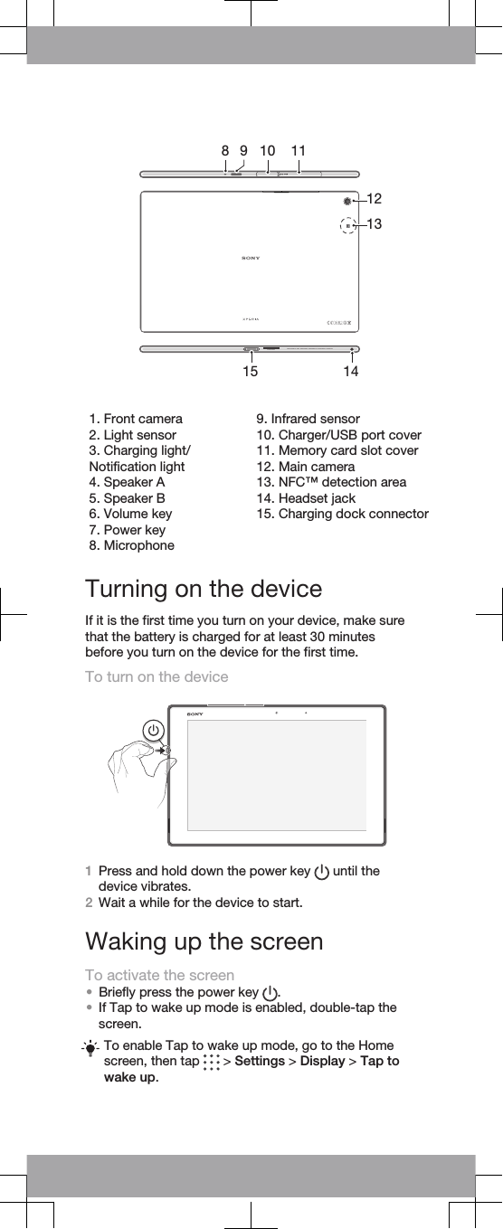 00440245-162947-5Model:SGPXXX   TYPE:XX-XXXX-XX   FCC ID:XXXXX-XXXX   IC:XXXXX-XXXXXX   13W41   EFF   MADE IN CHINA8 9 10 1112131415   1. Front camera2. Light sensor3. Charging light/Notification light4. Speaker A5. Speaker B6. Volume key7. Power key8. Microphone9. Infrared sensor10. Charger/USB port cover11. Memory card slot cover12. Main camera13. NFC™ detection area14. Headset jack15. Charging dock connectorTurning on the deviceIf it is the first time you turn on your device, make surethat the battery is charged for at least 30 minutesbefore you turn on the device for the first time.To turn on the device1Press and hold down the power key   until thedevice vibrates.2Wait a while for the device to start.Waking up the screenTo activate the screen•Briefly press the power key  .•If Tap to wake up mode is enabled, double-tap thescreen.To enable Tap to wake up mode, go to the Homescreen, then tap   &gt; Settings &gt; Display &gt; Tap towake up.