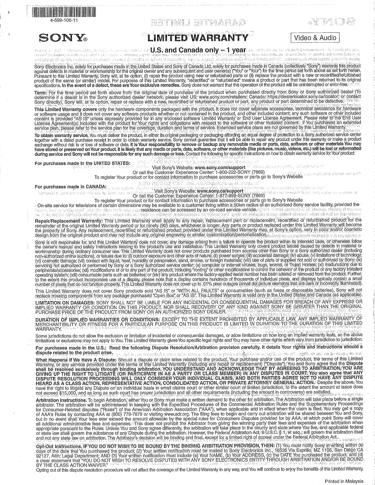 Page 1 of 2 - Sony UBP-X800 User Manual Limited Warranty (U.S. And Canada Only) 459910611