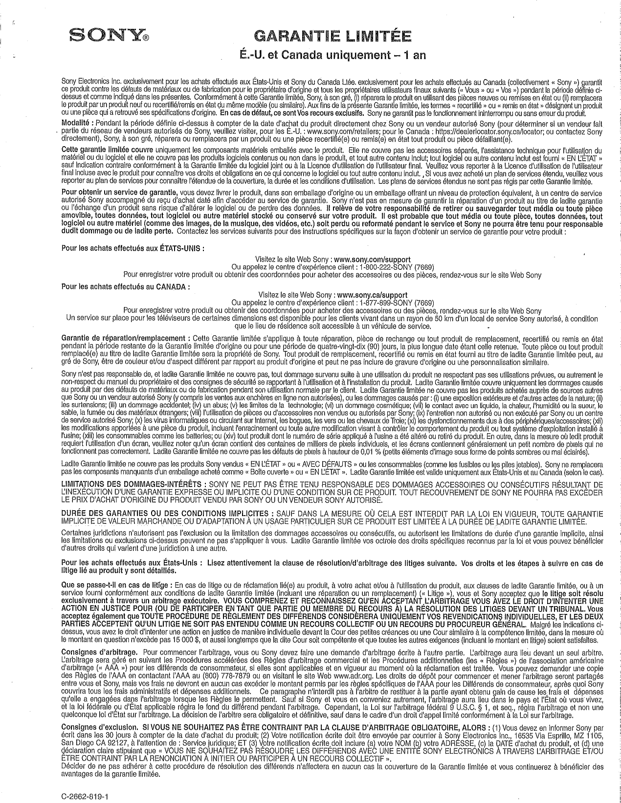 Page 2 of 2 - Sony UBP-X800 User Manual Limited Warranty (U.S. And Canada Only) 459910611