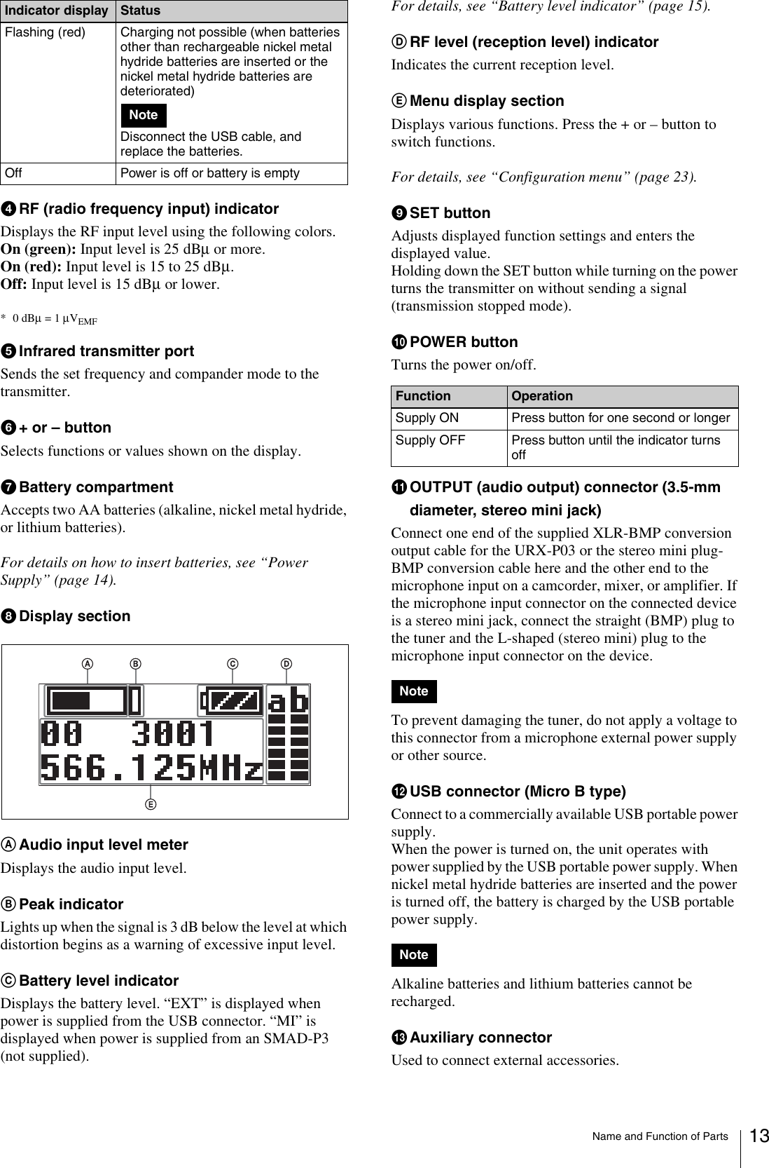 Name and Function of Parts 13dRF (radio frequency input) indicatorDisplays the RF input level using the following colors.On (green): Input level is 25 dBμ or more.On (red): Input level is 15 to 25 dBμ.Off: Input level is 15 dBμ or lower.*0 dBμ = 1 μVEMFeInfrared transmitter portSends the set frequency and compander mode to the transmitter.f+ or – buttonSelects functions or values shown on the display.gBattery compartmentAccepts two AA batteries (alkaline, nickel metal hydride, or lithium batteries).For details on how to insert batteries, see “Power Supply” (page 14).hDisplay sectionAAudio input level meterDisplays the audio input level.BPeak indicatorLights up when the signal is 3 dB below the level at which distortion begins as a warning of excessive input level.CBattery level indicatorDisplays the battery level. “EXT” is displayed when power is supplied from the USB connector. “MI” is displayed when power is supplied from an SMAD-P3 (not supplied).For details, see “Battery level indicator” (page 15).DRF level (reception level) indicatorIndicates the current reception level. EMenu display sectionDisplays various functions. Press the + or – button to switch functions.For details, see “Configuration menu” (page 23).iSET buttonAdjusts displayed function settings and enters the displayed value.Holding down the SET button while turning on the power turns the transmitter on without sending a signal (transmission stopped mode).jPOWER buttonTurns the power on/off. kOUTPUT (audio output) connector (3.5-mm diameter, stereo mini jack)Connect one end of the supplied XLR-BMP conversion output cable for the URX-P03 or the stereo mini plug-BMP conversion cable here and the other end to the microphone input on a camcorder, mixer, or amplifier. If the microphone input connector on the connected device is a stereo mini jack, connect the straight (BMP) plug to the tuner and the L-shaped (stereo mini) plug to the microphone input connector on the device.To prevent damaging the tuner, do not apply a voltage to this connector from a microphone external power supply or other source.lUSB connector (Micro B type)Connect to a commercially available USB portable power supply.When the power is turned on, the unit operates with power supplied by the USB portable power supply. When nickel metal hydride batteries are inserted and the power is turned off, the battery is charged by the USB portable power supply.Alkaline batteries and lithium batteries cannot be recharged.mAuxiliary connectorUsed to connect external accessories.Flashing (red) Charging not possible (when batteries other than rechargeable nickel metal hydride batteries are inserted or the nickel metal hydride batteries are deteriorated)Disconnect the USB cable, and replace the batteries.Off Power is off or battery is emptyIndicator display StatusNoteFunction OperationSupply ON Press button for one second or longerSupply OFF Press button until the indicator turns offNoteNote