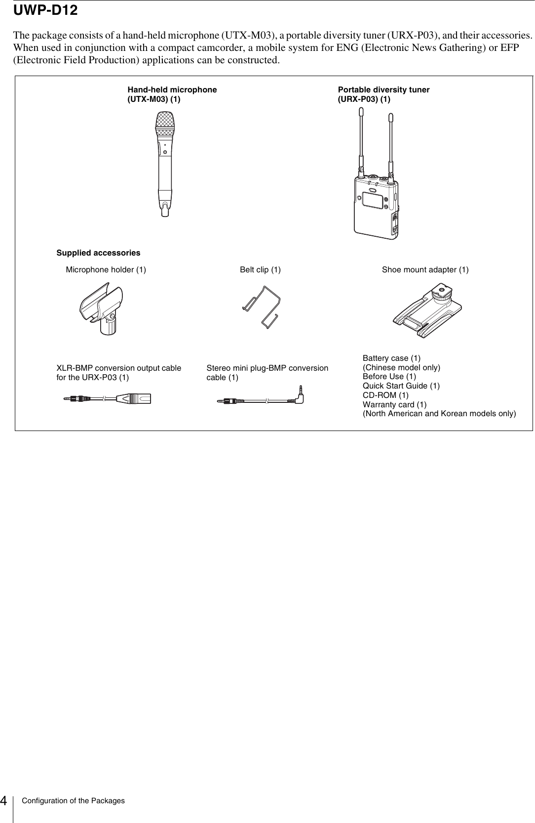 Configuration of the Packages4UWP-D12The package consists of a hand-held microphone (UTX-M03), a portable diversity tuner (URX-P03), and their accessories. When used in conjunction with a compact camcorder, a mobile system for ENG (Electronic News Gathering) or EFP (Electronic Field Production) applications can be constructed.Microphone holder (1)XLR-BMP conversion output cable for the URX-P03 (1)Shoe mount adapter (1)Belt clip (1)Battery case (1) (Chinese model only)Before Use (1)Quick Start Guide (1)CD-ROM (1)Warranty card (1) (North American and Korean models only)Stereo mini plug-BMP conversion cable (1)Supplied accessoriesHand-held microphone (UTX-M03) (1)Portable diversity tuner (URX-P03) (1)