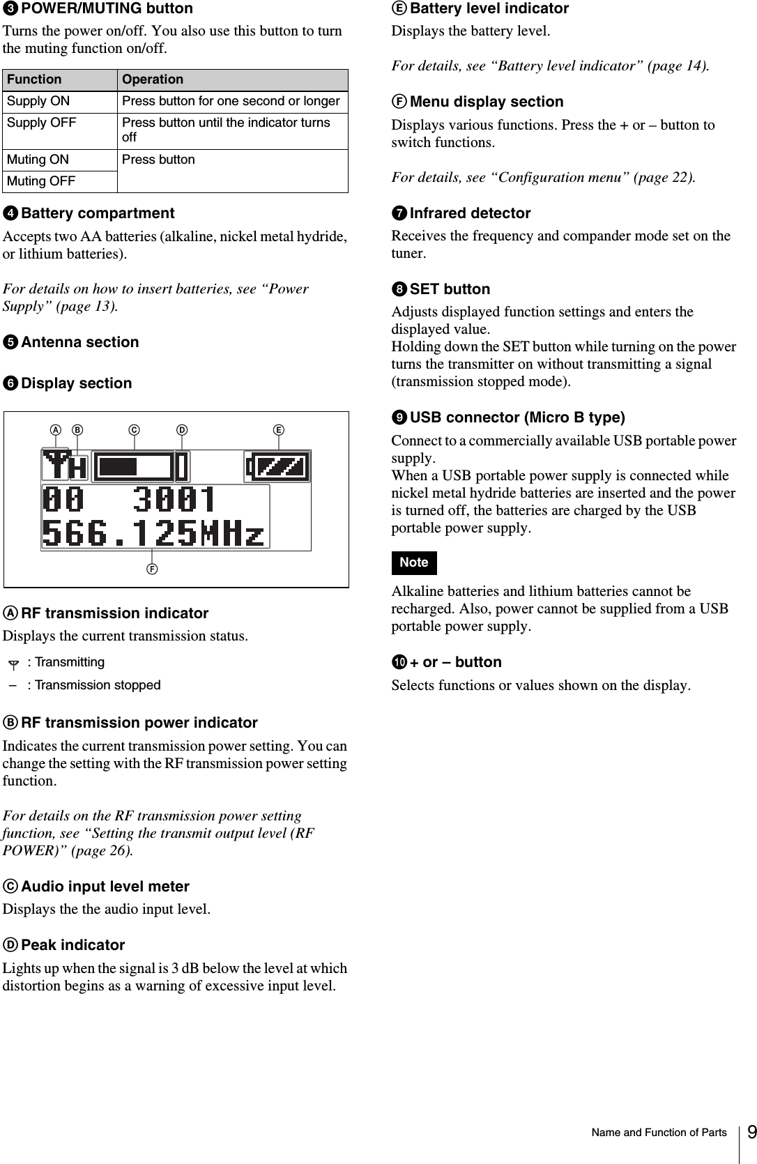 Name and Function of Parts 9cPOWER/MUTING buttonTurns the power on/off. You also use this button to turn the muting function on/off.dBattery compartmentAccepts two AA batteries (alkaline, nickel metal hydride, or lithium batteries).For details on how to insert batteries, see “Power Supply” (page 13).eAntenna sectionfDisplay section ARF transmission indicatorDisplays the current transmission status.BRF transmission power indicatorIndicates the current transmission power setting. You can change the setting with the RF transmission power setting function.For details on the RF transmission power setting function, see “Setting the transmit output level (RF POWER)” (page 26).CAudio input level meterDisplays the the audio input level.DPeak indicatorLights up when the signal is 3 dB below the level at which distortion begins as a warning of excessive input level.EBattery level indicatorDisplays the battery level.For details, see “Battery level indicator” (page 14).FMenu display sectionDisplays various functions. Press the + or – button to switch functions.For details, see “Configuration menu” (page 22).gInfrared detectorReceives the frequency and compander mode set on the tuner.hSET buttonAdjusts displayed function settings and enters the displayed value.Holding down the SET button while turning on the power turns the transmitter on without transmitting a signal (transmission stopped mode).iUSB connector (Micro B type)Connect to a commercially available USB portable power supply.When a USB portable power supply is connected while nickel metal hydride batteries are inserted and the power is turned off, the batteries are charged by the USB portable power supply.Alkaline batteries and lithium batteries cannot be recharged. Also, power cannot be supplied from a USB portable power supply.j+ or – buttonSelects functions or values shown on the display.Function OperationSupply ON Press button for one second or longerSupply OFF Press button until the indicator turns offMuting ON Press buttonMuting OFF: Transmitting– : Transmission stoppedNote