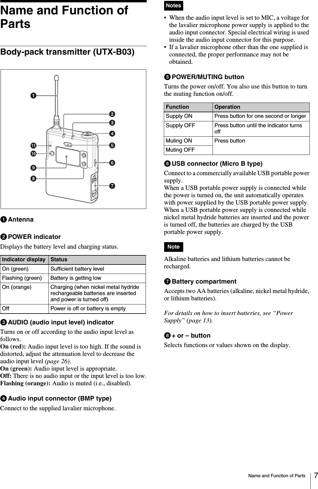 Name and Function of Parts 7Name and Function of PartsBody-pack transmitter (UTX-B03)aAntennabPOWER indicatorDisplays the battery level and charging status.cAUDIO (audio input level) indicatorTurns on or off according to the audio input level as follows.On (red): Audio input level is too high. If the sound is distorted, adjust the attenuation level to decrease the audio input level (page 26).On (green): Audio input level is appropriate.Off: There is no audio input or the input level is too low.Flashing (orange): Audio is muted (i.e., disabled).dAudio input connector (BMP type)Connect to the supplied lavalier microphone.• When the audio input level is set to MIC, a voltage for the lavalier microphone power supply is applied to the audio input connector. Special electrical wiring is used inside the audio input connector for this purpose.• If a lavalier microphone other than the one supplied is connected, the proper performance may not be obtained.ePOWER/MUTING buttonTurns the power on/off. You also use this button to turn the muting function on/off.fUSB connector (Micro B type)Connect to a commercially available USB portable power supply.When a USB portable power supply is connected while the power is turned on, the unit automatically operates with power supplied by the USB portable power supply. When a USB portable power supply is connected while nickel metal hydride batteries are inserted and the power is turned off, the batteries are charged by the USB portable power supply.Alkaline batteries and lithium batteries cannot be recharged.gBattery compartmentAccepts two AA batteries (alkaline, nickel metal hydride, or lithium batteries).For details on how to insert batteries, see “Power Supply” (page 13).h+ or – buttonSelects functions or values shown on the display.Indicator display StatusOn (green) Sufficient battery levelFlashing (green) Battery is getting lowOn (orange) Charging (when nickel metal hydride rechargeable batteries are inserted and power is turned off)Off Power is off or battery is emptyNotesFunction OperationSupply ON Press button for one second or longerSupply OFF Press button until the indicator turns offMuting ON Press buttonMuting OFFNote