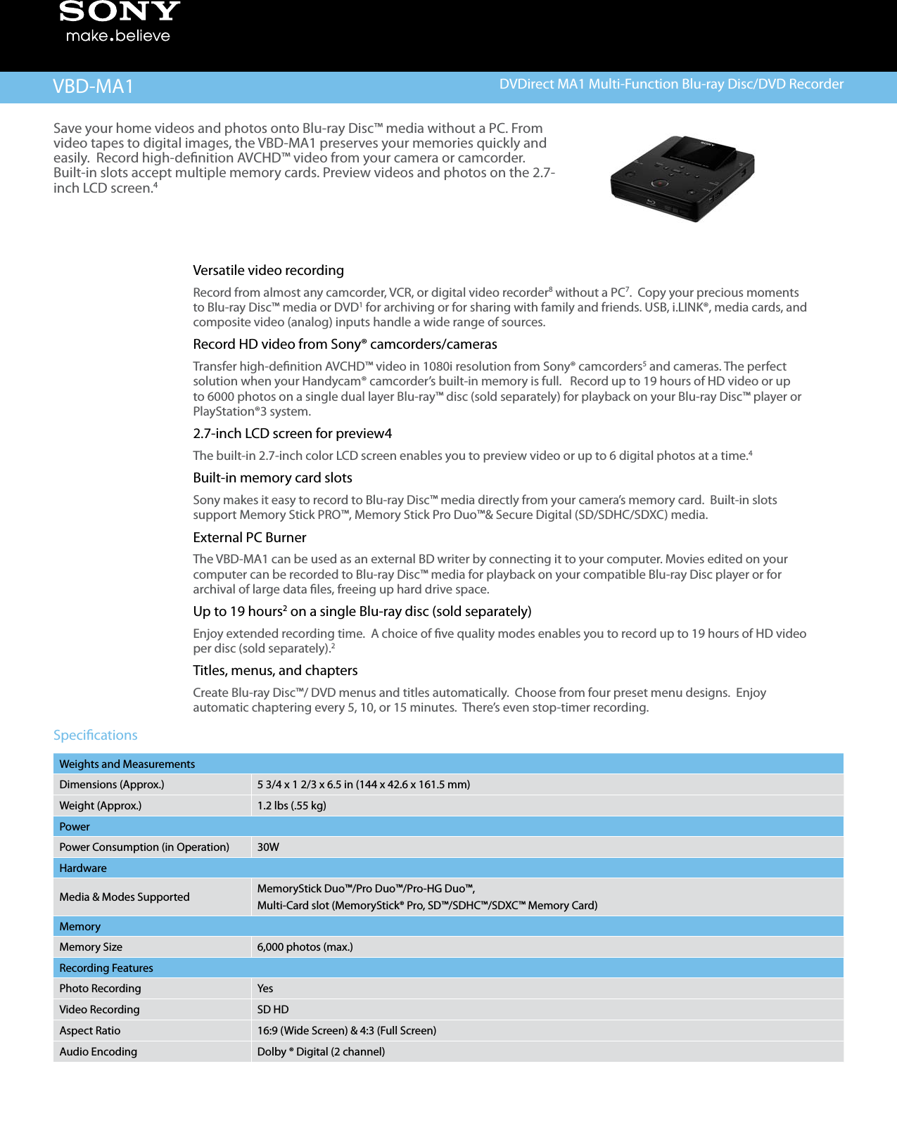 Page 1 of 2 - Sony VBD-MA1 User Manual Marketing Specifications VBDMA1 Mksp