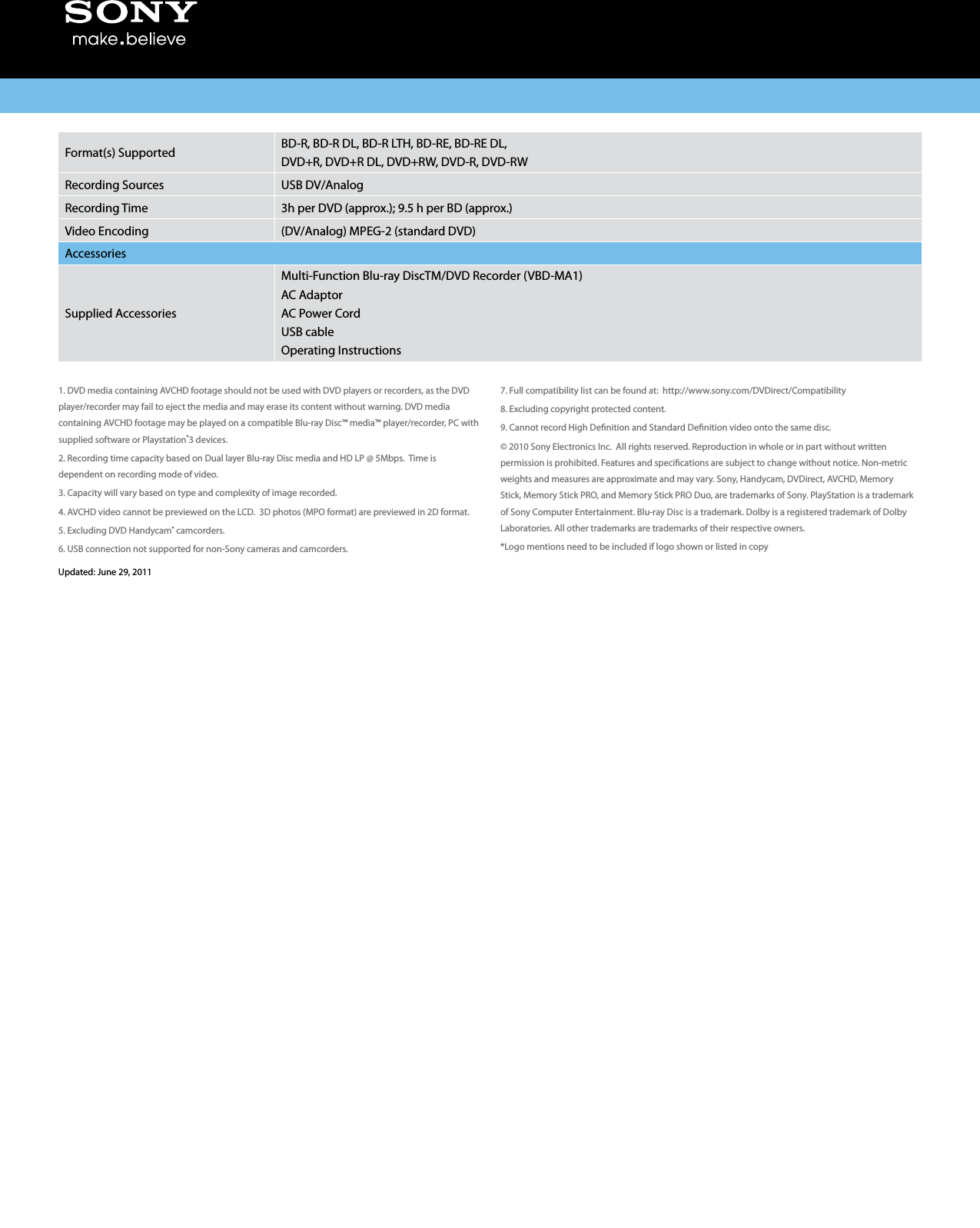 Page 2 of 2 - Sony VBD-MA1 User Manual Marketing Specifications VBDMA1 Mksp